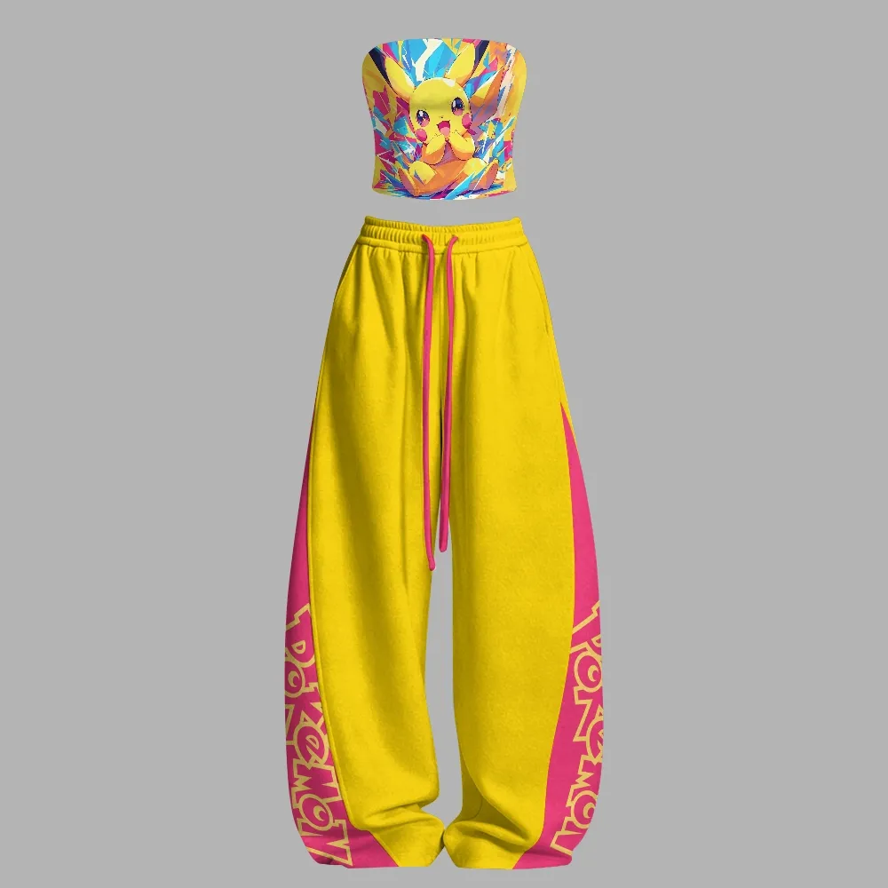 Pokémon Pikachu Strapless Tube Top and Yellow Wide Leg Trousers Set, Women's Two-Piece Lounge Outfit, Electric Pop Art Pink Side Stripe Set