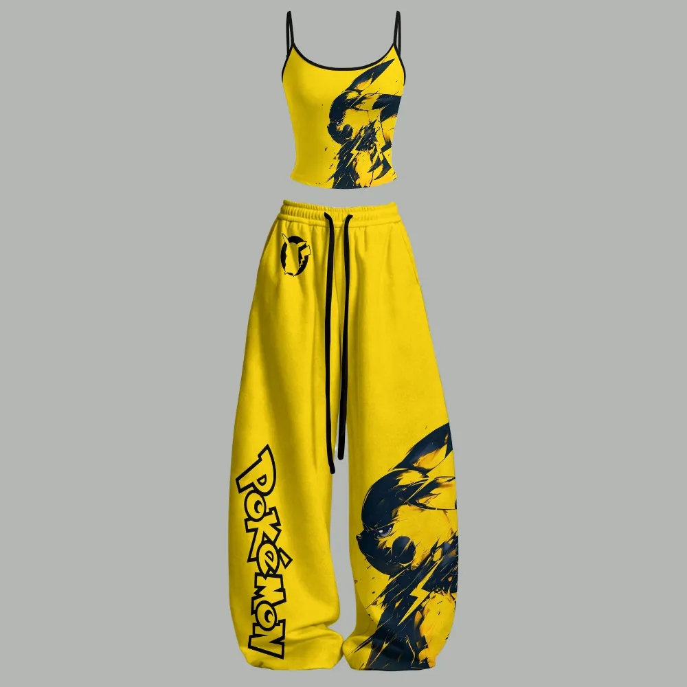 Pokémon Pikachu Thunderbolt Cami Crop Top and Elasticated Wide Leg Trousers Two-Piece Set, Women's Bright Yellow and Navy Brush Art Outfit