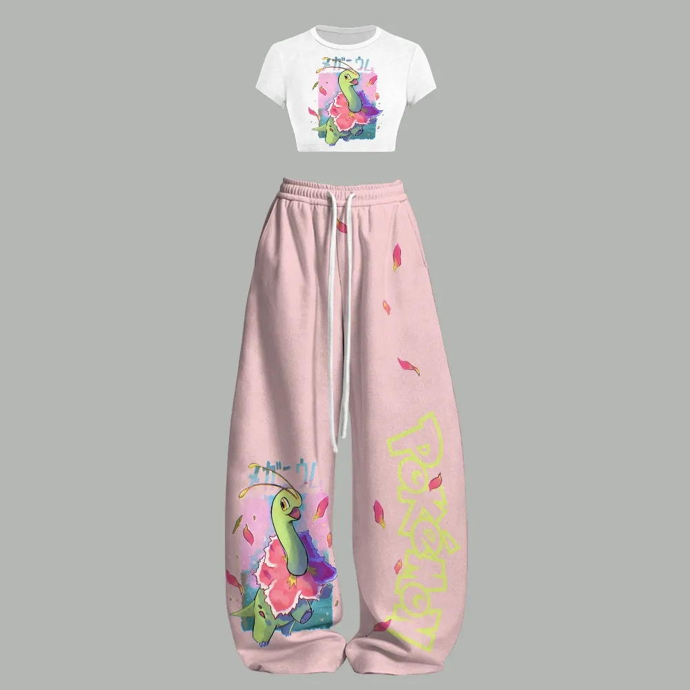 Pokémon Meganium Crop Tee and Wide Leg Trousers Two-Piece Set, Women's Pink Flower Petal Grass Type Matching Lounge Outfit, Fan Gift