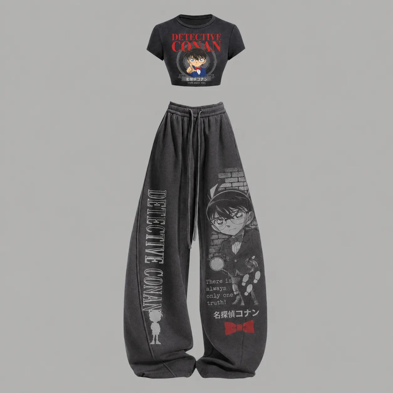 Detective Conan T-Shirt Crop Tee and Wide Leg Trousers Two-Piece Set, Charcoal There Is Always Only One Truth Print, Women's Anime Outfit