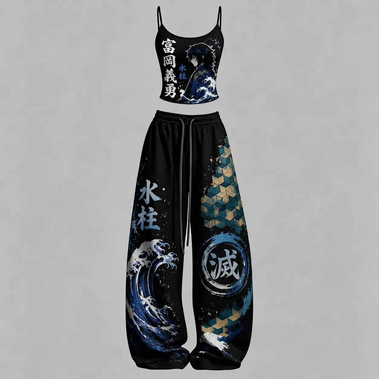 Demon Slayer Giyu Tomioka Water Hashira Cami Crop Top and Wide Leg Trousers Two-Piece Set, Black Blue Wave Anime Lounge Outfit, Women's Co-ord