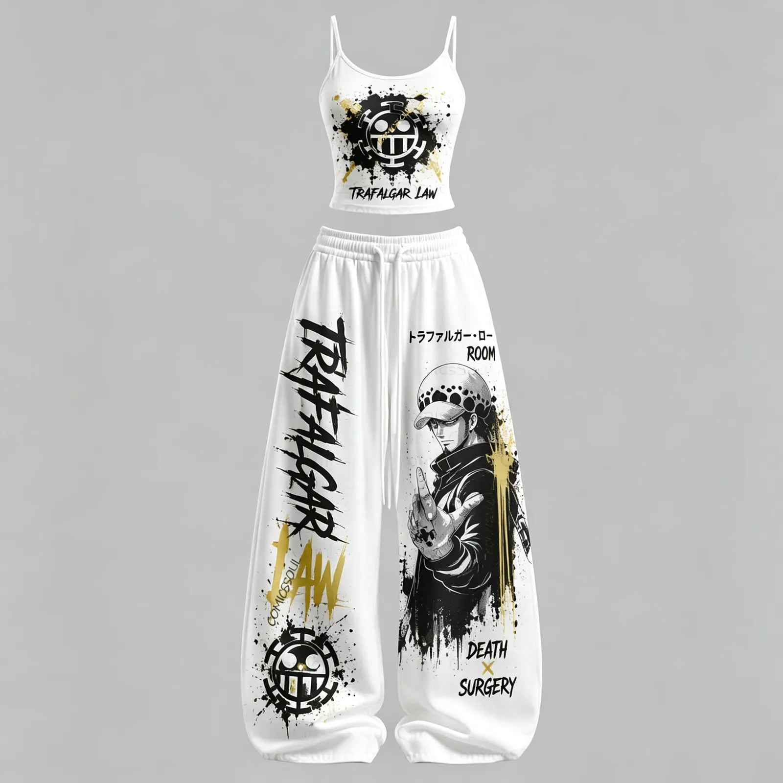 One Piece Trafalgar Law Death Surgery Cami Crop Top and Wide Leg Trousers Two-Piece Set, Women's Heart Pirates Room Anime Matching Outfit