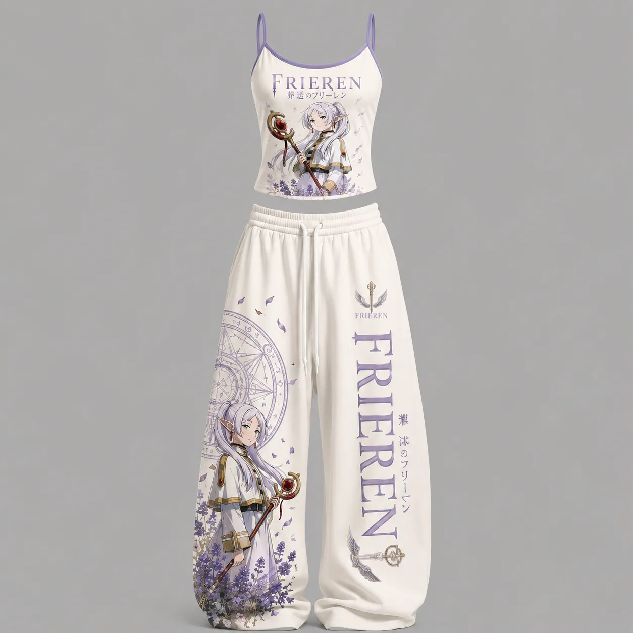 Frieren Beyond Journey's End Cami Top and Elasticated Trousers Two-Piece Set, Women's White and Lavender Anime Lounge Outfit, Elf Matching Set