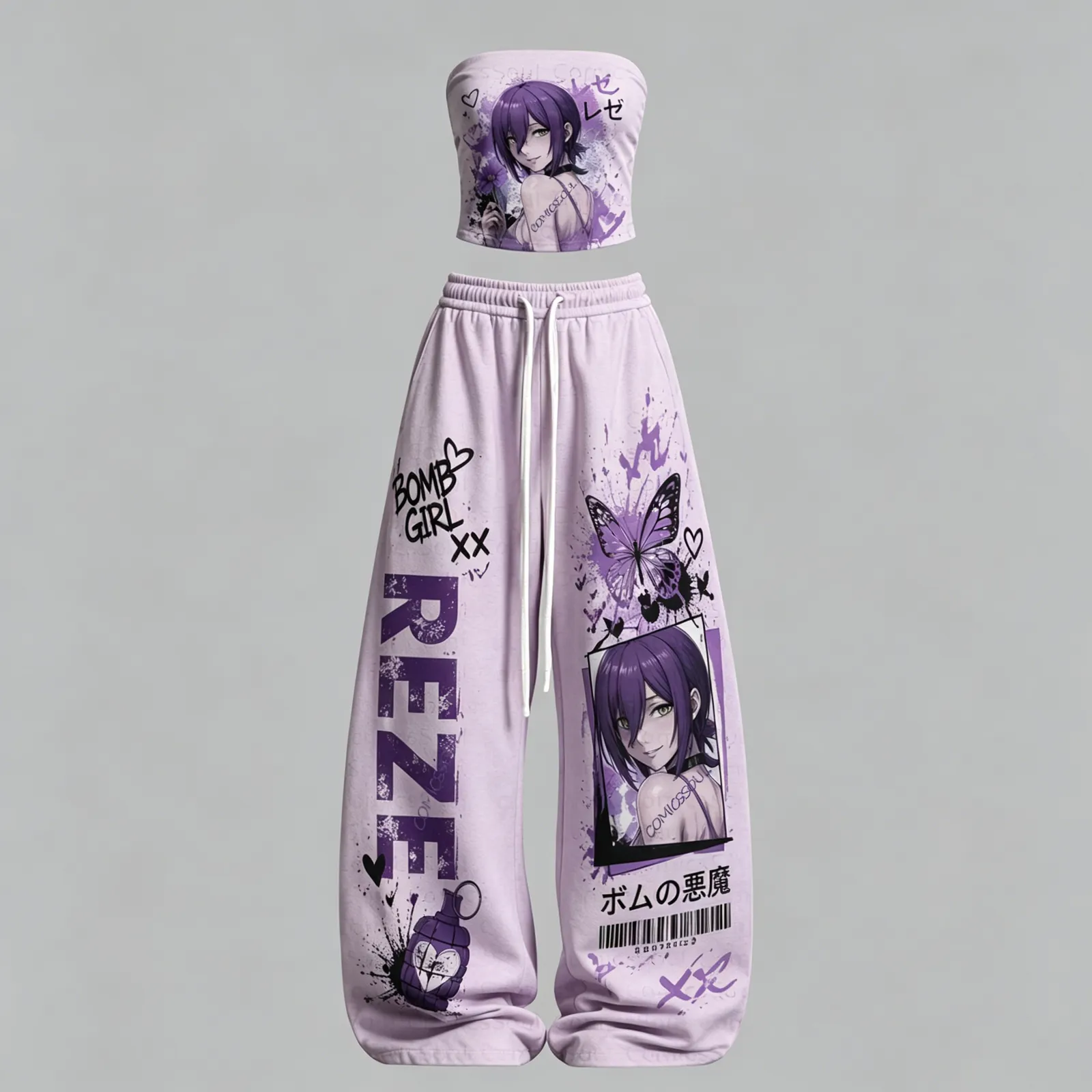Chainsaw Man Reze Bomb Girl Strapless Tube Top and Elasticated Trousers Two-Piece Set, Women's Lavender Anime Lounge Outfit, Matching Set