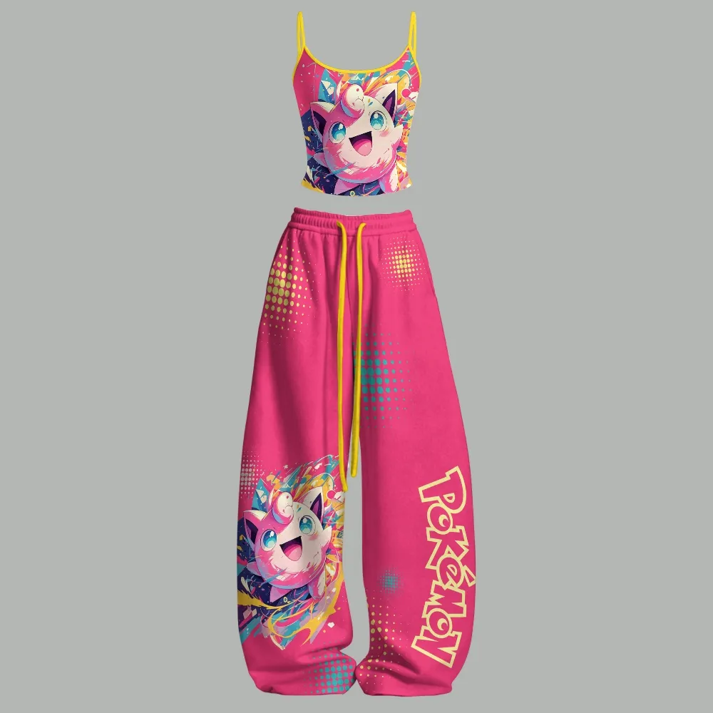 Pokémon Jigglypuff Cami Crop Top and Elasticated Wide Leg Trousers Two-Piece Set, Women's Hot Pink and Yellow Pop Art Paint Splash Lounge Outfit