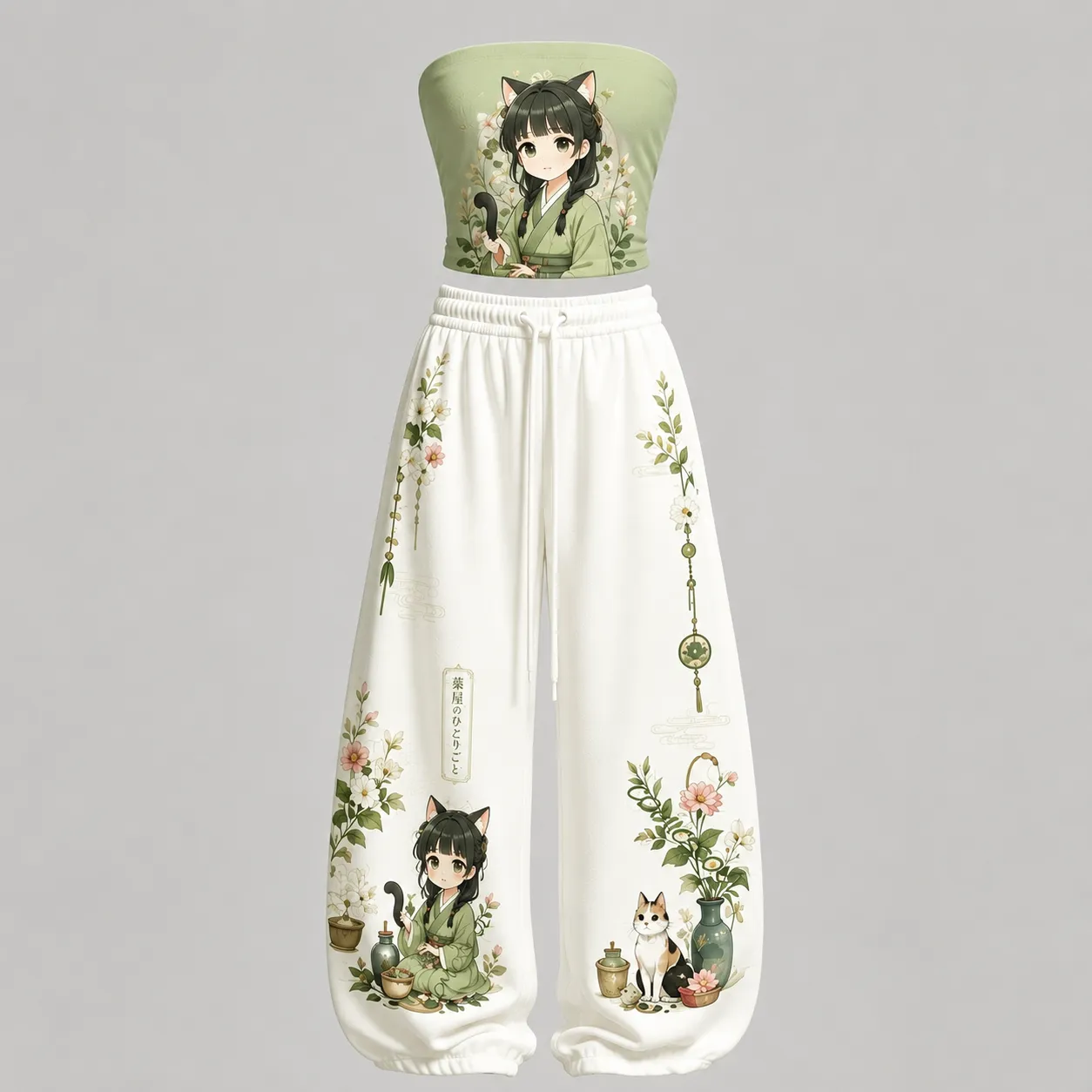 The Apothecary Diaries Maomao Strapless Tube Top and Wide Leg Trousers Two-Piece Set, Women's Green and White Anime Lounge Outfit, Cat Ears Set