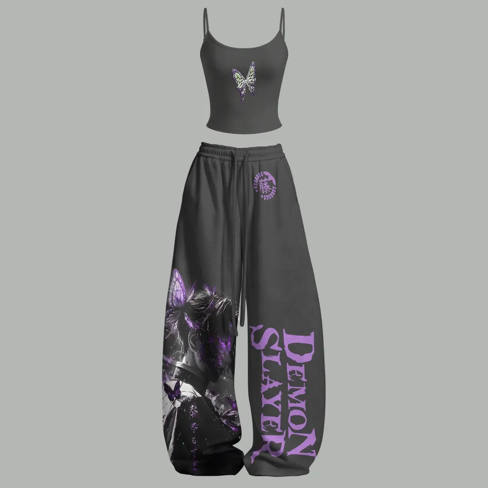 Demon Slayer Shinobu Kocho Butterfly Cami Crop Top and Wide Leg Trousers Two-Piece Set, Women's Charcoal Anime Lounge Outfit, Insect Hashira