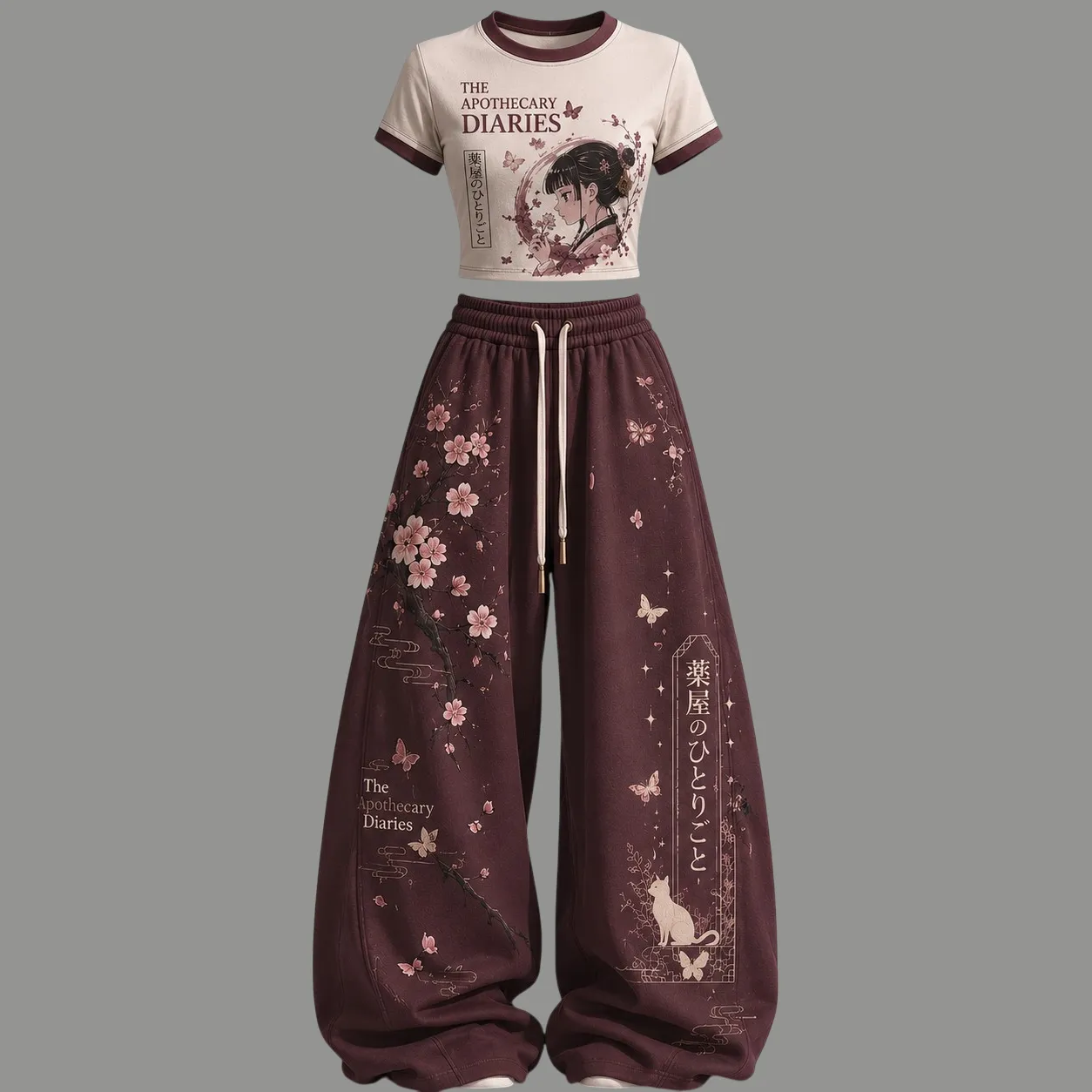 The Apothecary Diaries Maomao Crop Tee and Wide Leg Trousers Two-Piece Set, Women's Cherry Blossom Anime Lounge Outfit, Kusuriya Matching Set