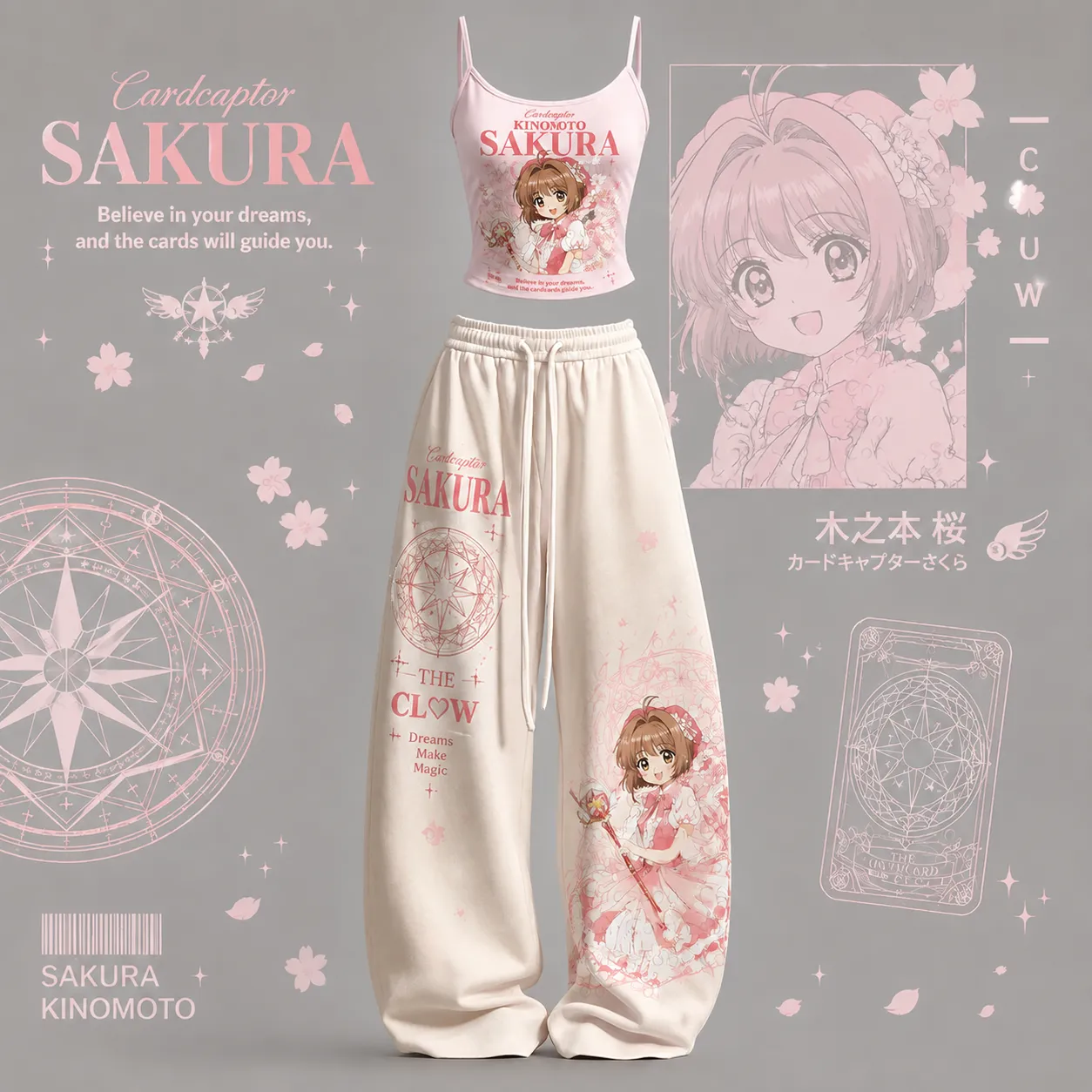 Cardcaptor Sakura Kinomoto Cami Crop Top and Cream Wide Leg Trousers Set, Women's Two-Piece Lounge Outfit, The Clow Pink Magic Circle Anime Set