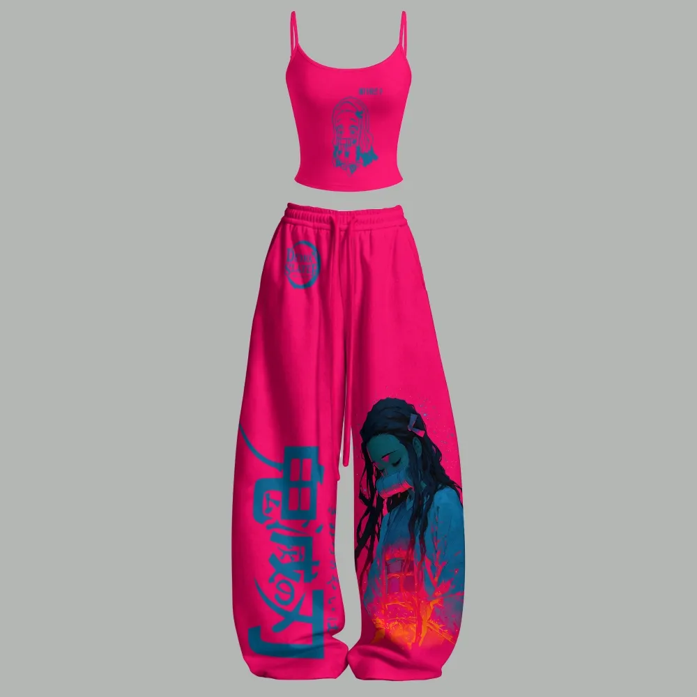 Demon Slayer Nezuko Kamado Cami Crop Top and Wide Leg Trousers Two-Piece Set, Women's Hot Pink and Teal Kimetsu no Yaiba Anime Lounge Outfit