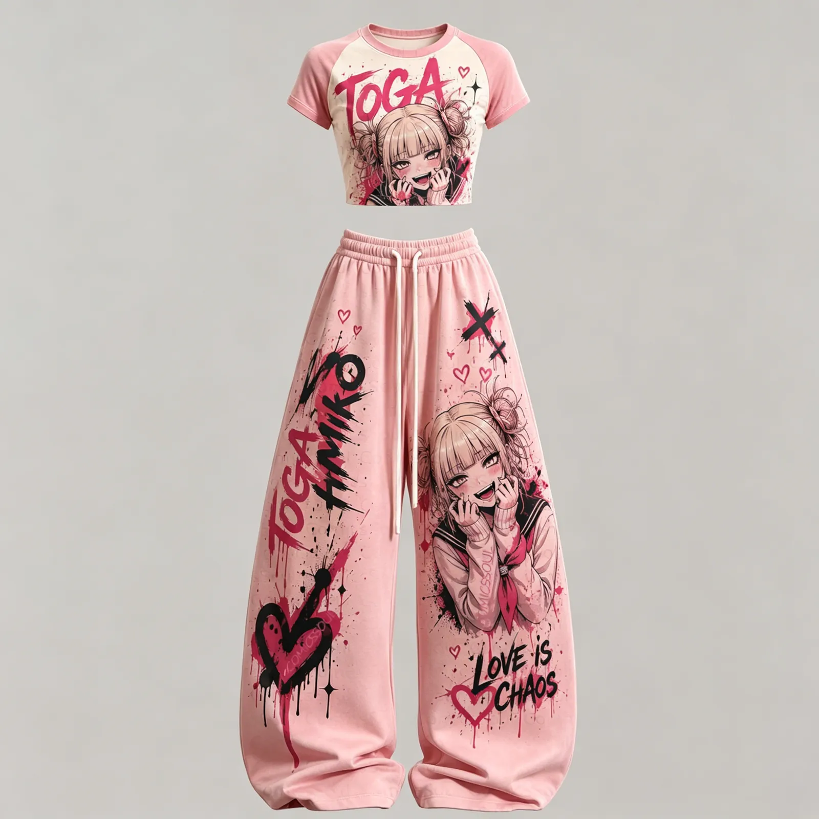 My Hero Academia Himiko Toga Crop Tee and Wide Leg Trousers Two-Piece Set, Pink Love Is Chaos Graffiti Print, Women's Anime Lounge Outfit