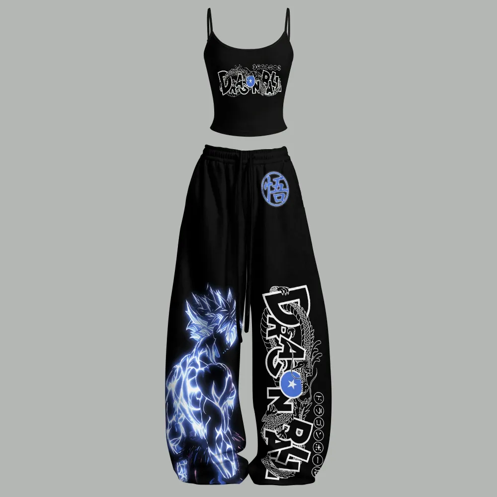 Dragon Ball Goku Shenron Logo Cami Crop Top and Wide Leg Trousers Two-Piece Set, Women's Black Anime Matching Lounge Outfit, Fan Gift