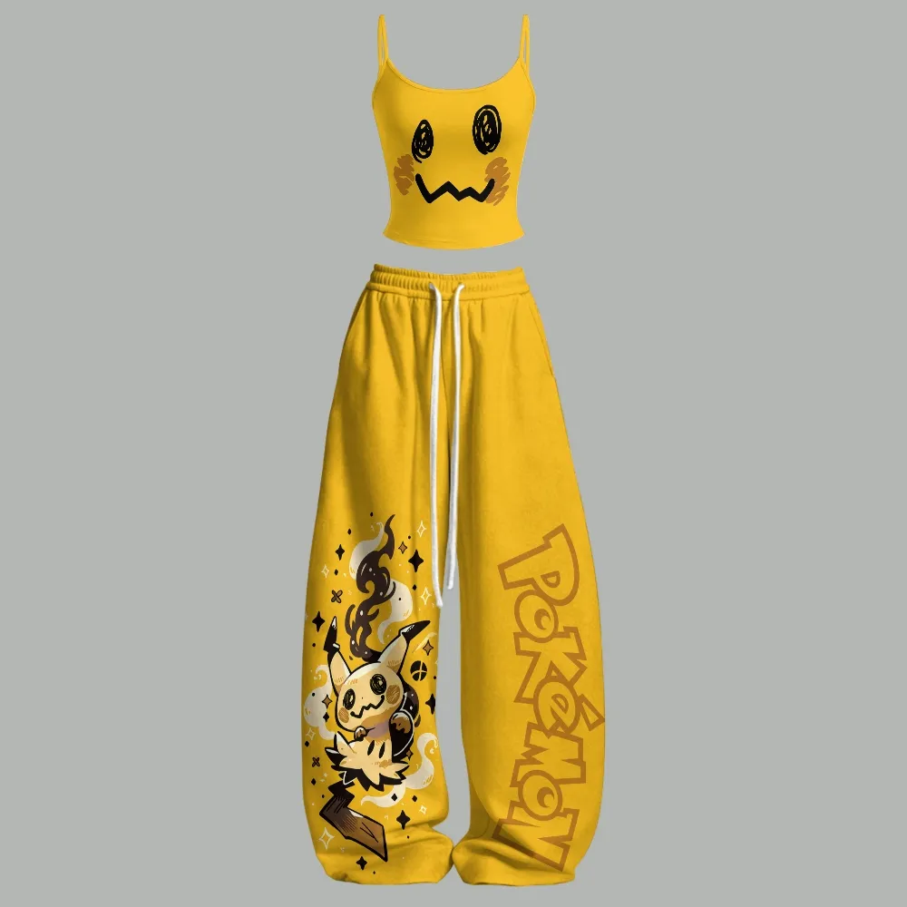 Pokemon Mimikyu Cami Crop Top and Wide Leg Trousers Two-Piece Set, Women's Yellow Pokémon Lounge Outfit, Cute Anime Fan Matching Set