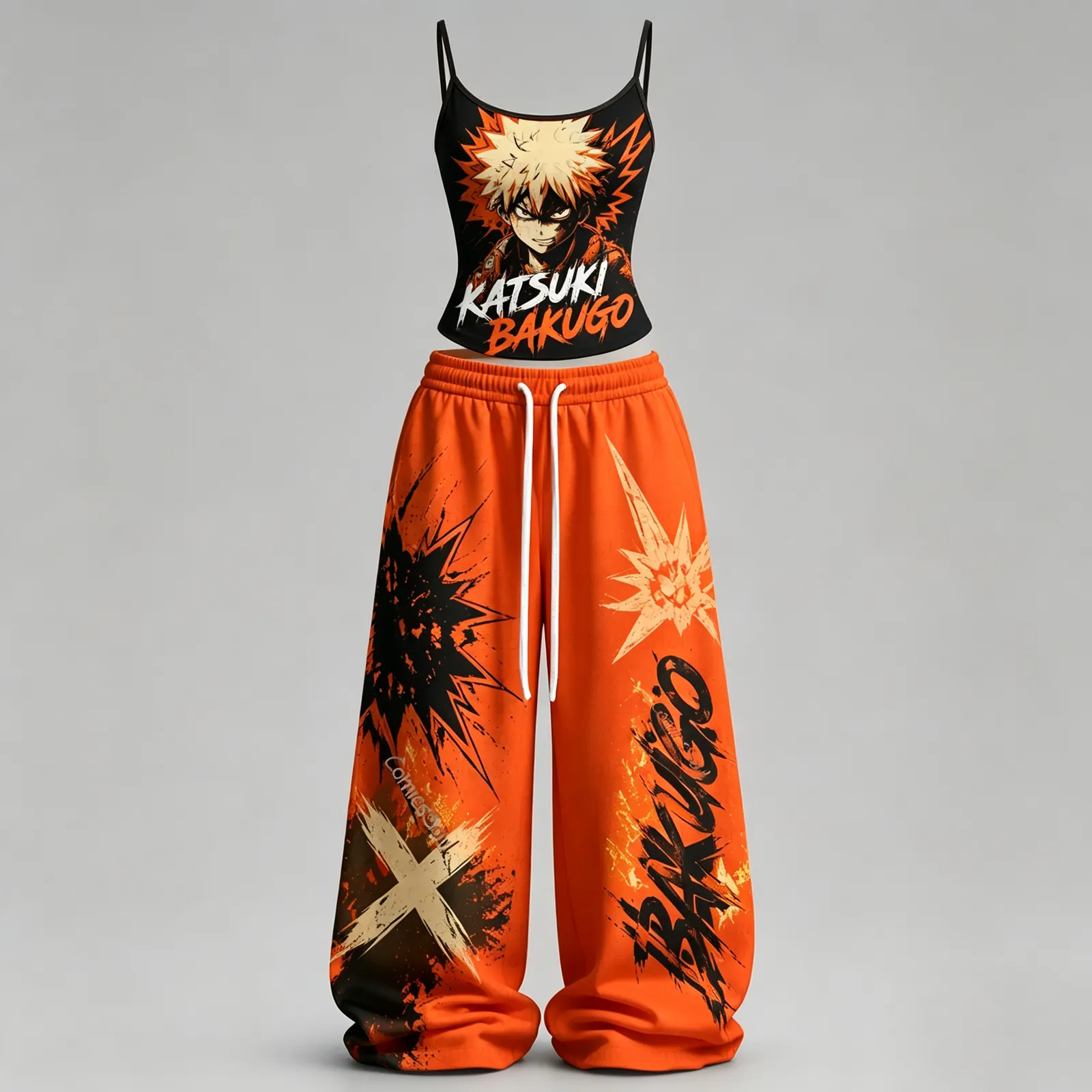 My Hero Academia Katsuki Bakugo Cami Top and Elasticated Trousers Two-Piece Set, Women's Orange and Black Explosion Anime Lounge Outfit, MHA