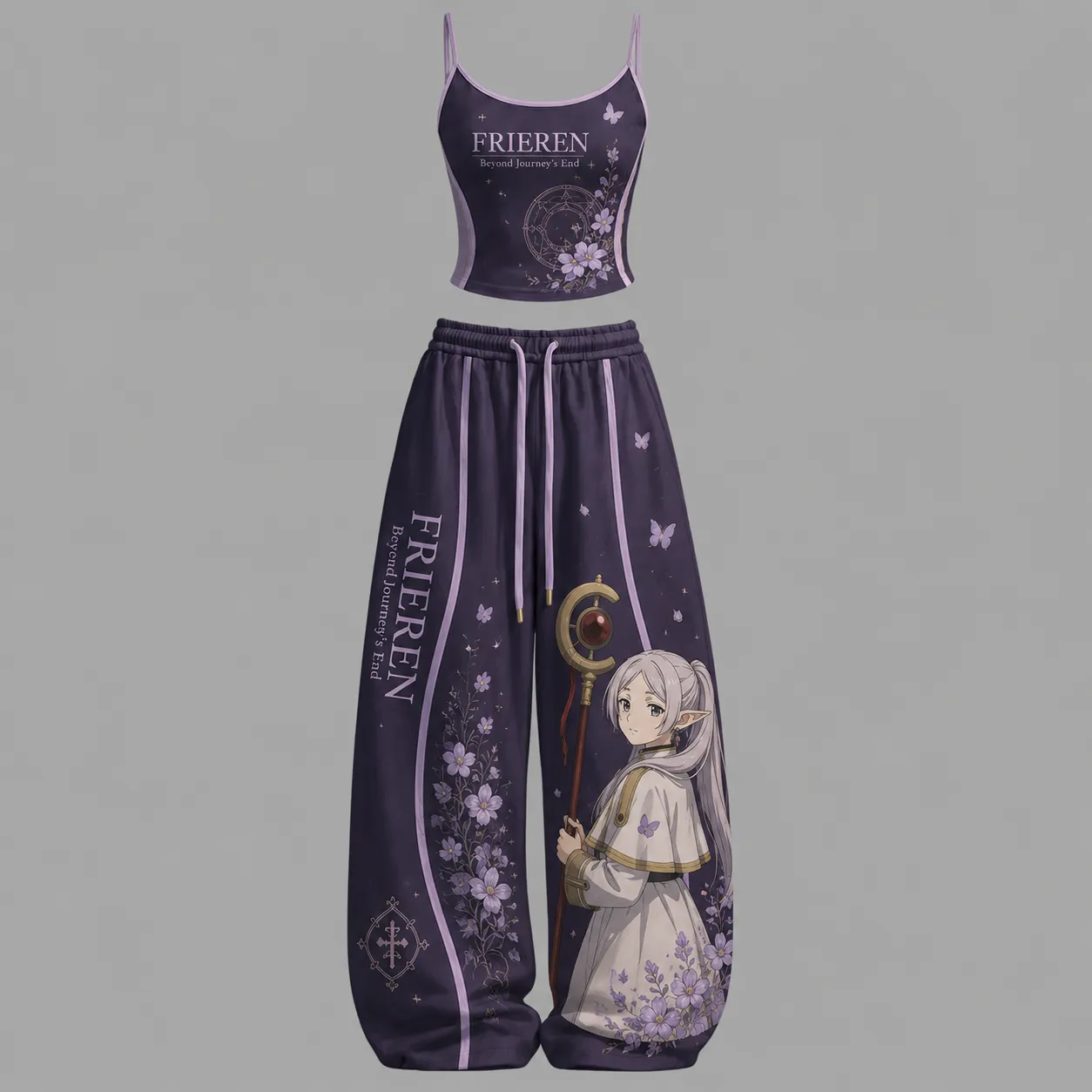 Frieren Beyond Journey's End Cami Crop Top and Elasticated Wide Leg Trousers Two-Piece Set, Women's Plum and Lavender Elf Mage Anime Outfit