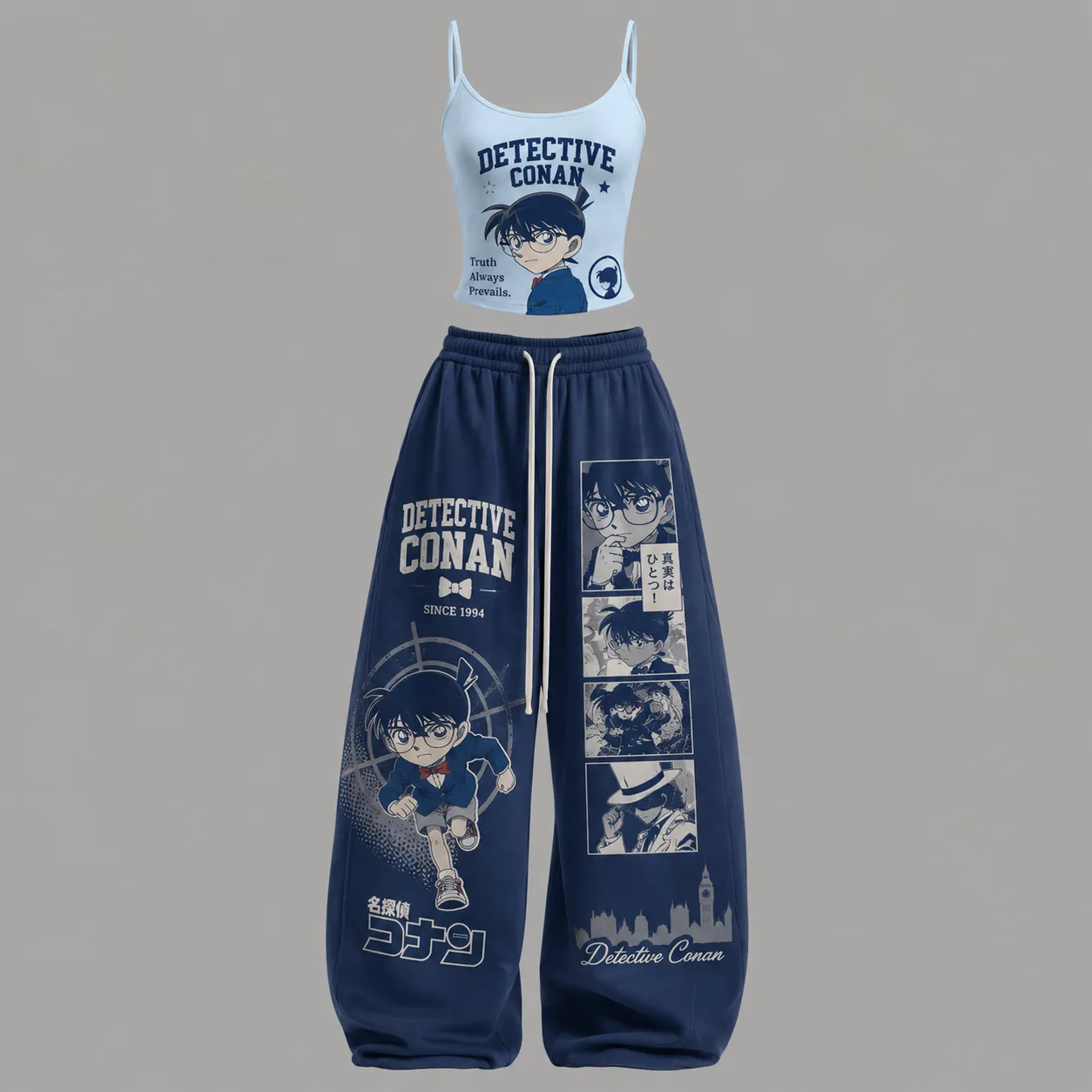 Detective Conan Cami Crop Top and Wide Leg Trousers Two-Piece Set, Navy Manga Panel Truth Always Prevails Print, Women's Anime Lounge Outfit