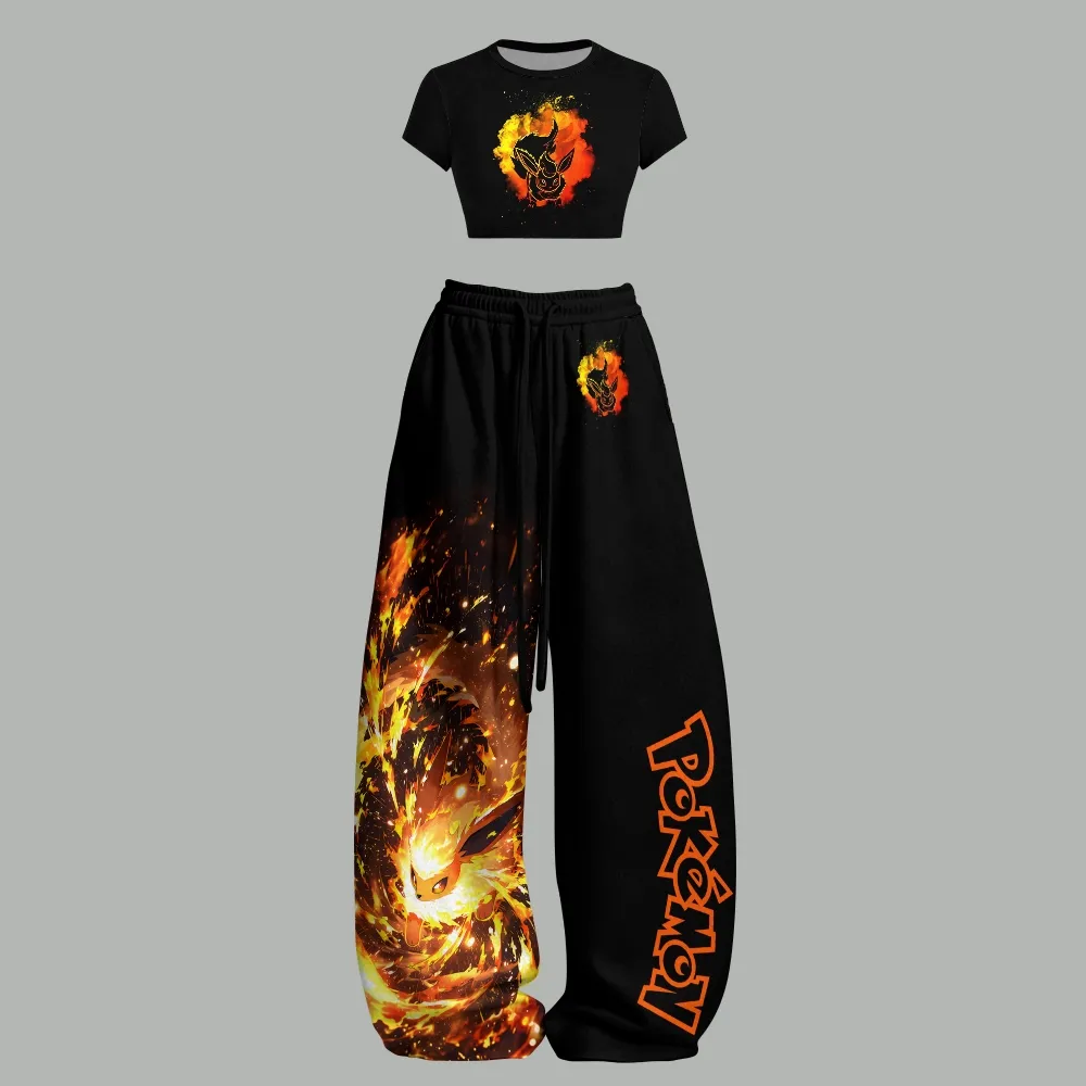 Pokémon Flareon Women's Crop T-Shirt and Wide Leg Trousers Two-Piece Set, Black and Fiery Orange Anime Lounge Outfit, Eeveelution Fire Type Gift