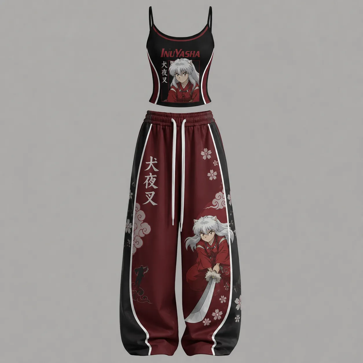 Inuyasha Black Maroon Cami Crop Top and Wide Leg Trousers Two-Piece Set, Sakura Cloud Kanji Anime Lounge Outfit, Women's Sporty Matching Co-ord