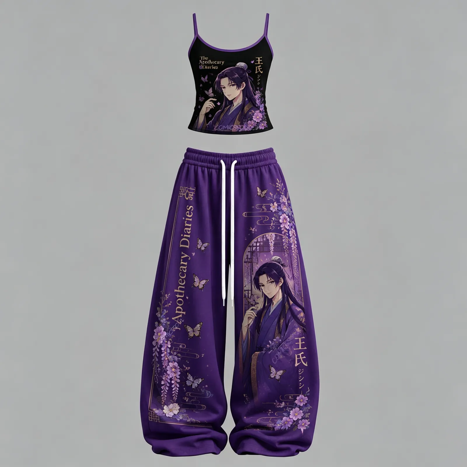 The Apothecary Diaries Jinshi Cami Crop Top and Wide Leg Trousers Two-Piece Set, Women's Purple Wisteria Anime Lounge Outfit, Matching Set