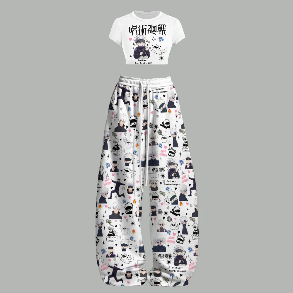 Jujutsu Kaisen Gojo Don't Worry I Am the Strongest Women Crop T-Shirt and Elasticated Trousers Two-Piece Set, White Chibi Anime Outfit