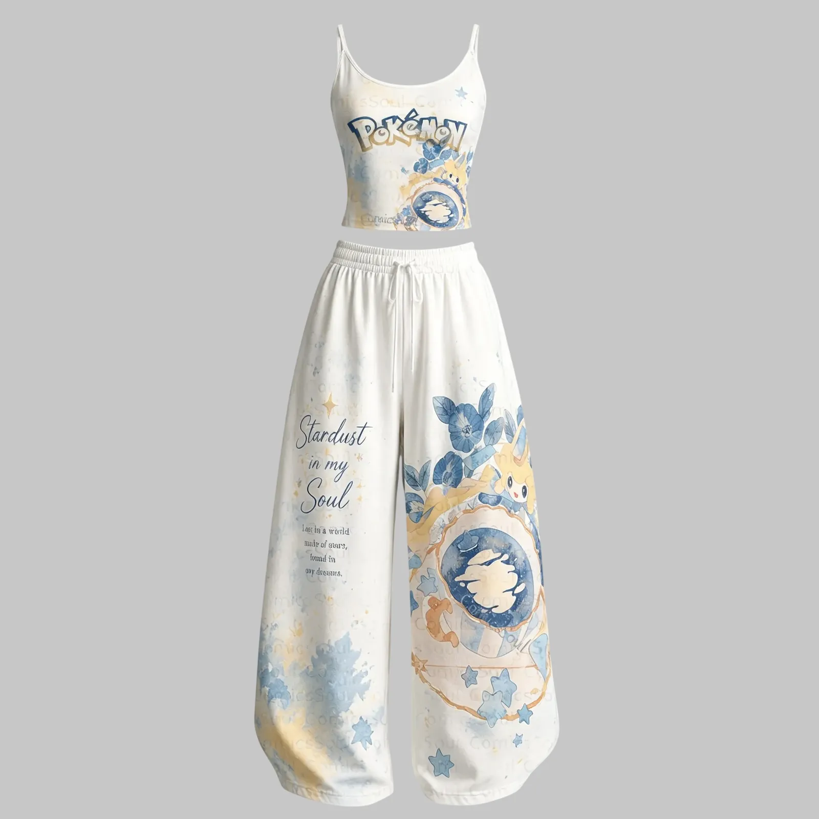 Pokémon Jirachi Stardust in My Soul Cami Crop Top and Elasticated Wide Leg Trousers Two-Piece Set, Women's White Blue Watercolor Lounge Outfit