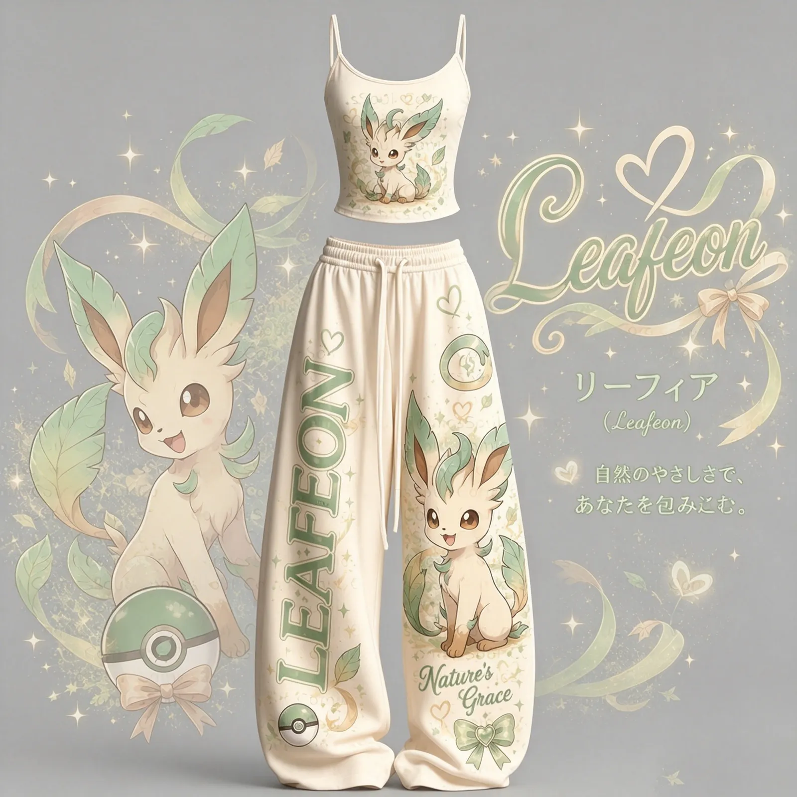 Pokémon Leafeon Cami Crop Top and Wide Leg Trousers Two-Piece Set, Nature's Grace Cream and Green Print, Women's Eeveelution Lounge Outfit