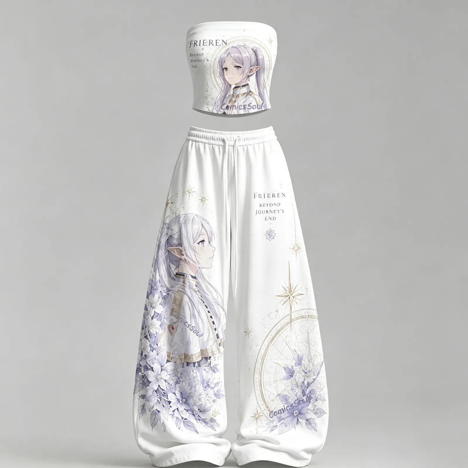 Frieren Beyond Journey's End Strapless Tube Top and Wide Leg Trousers Two-Piece Set, Women's White Lavender Floral Anime Lounge Outfit