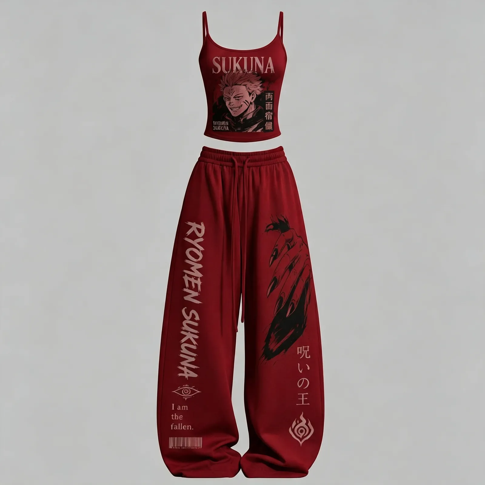 Jujutsu Kaisen Ryomen Sukuna Cami Crop Top and Wide Leg Trousers Two-Piece Set, Women's Dark Red Anime Lounge Outfit, King of Curses Fan Gift
