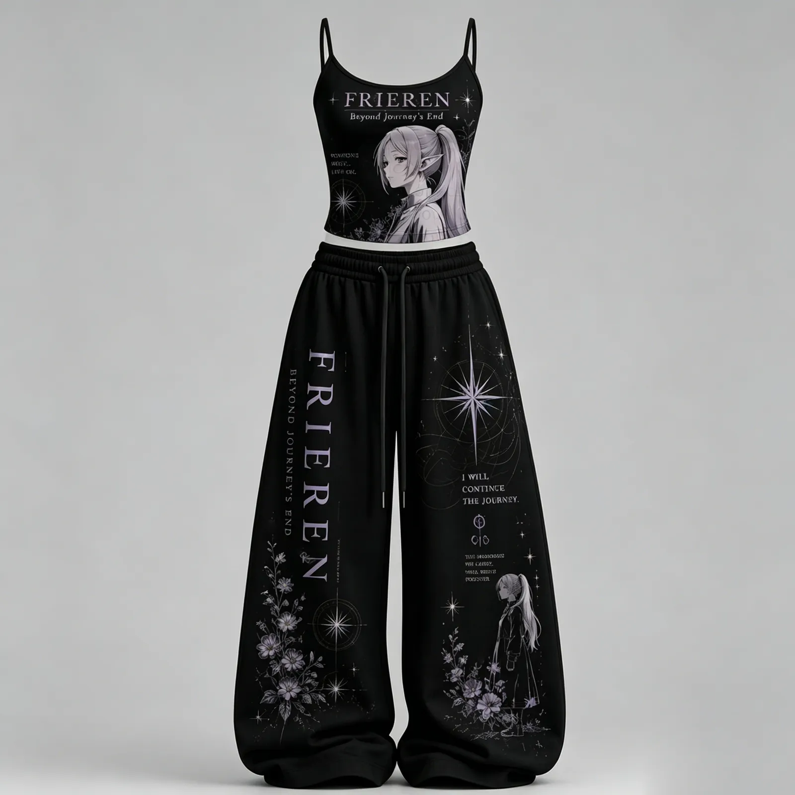 Frieren Beyond Journey's End Cami Crop Top and Wide Leg Trousers Two-Piece Set, Women's Black Anime Lounge Outfit, Elf Mage Starlight Set