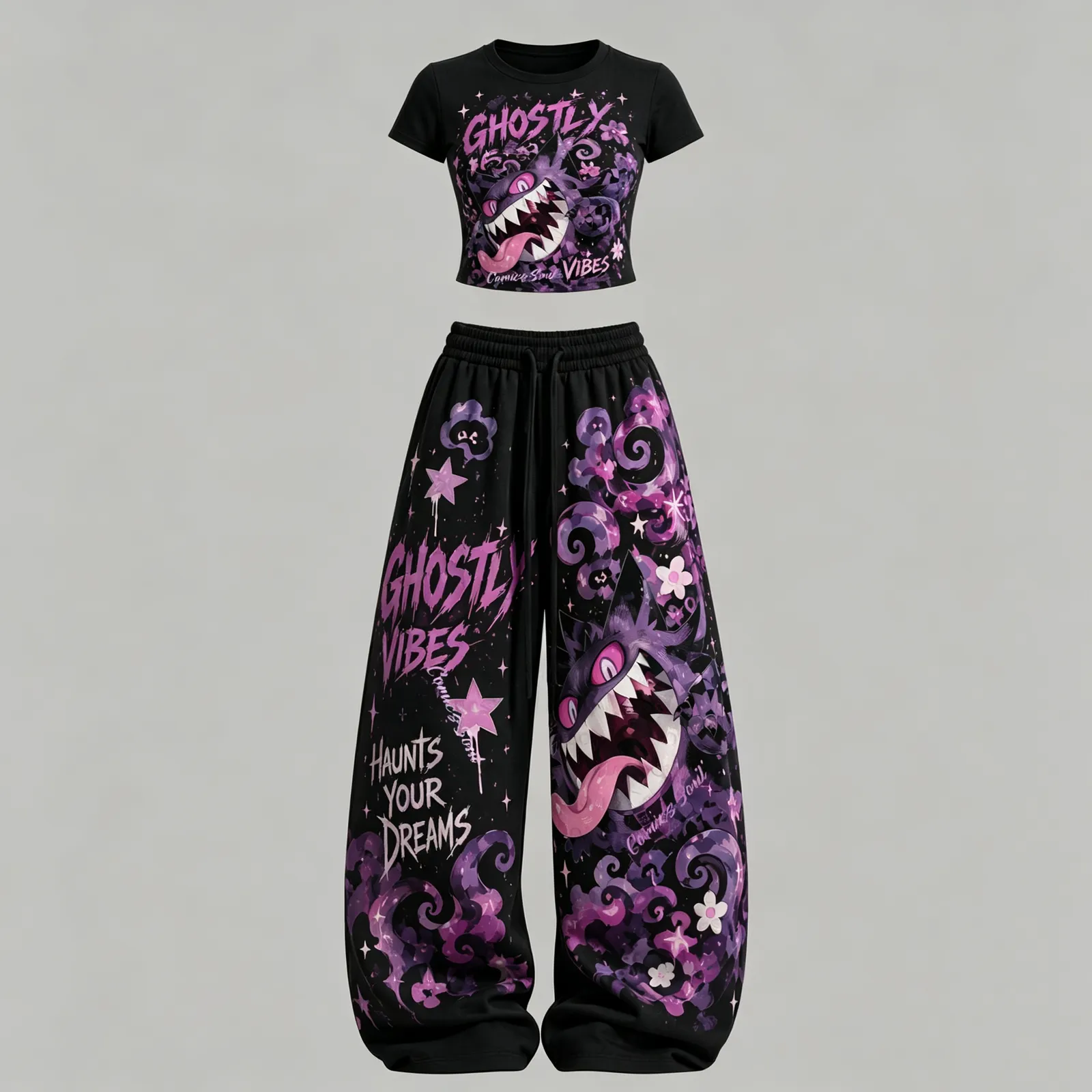 Pokémon Gengar Ghostly Vibes Crop Tee and Wide Leg Trousers Two-Piece Set, Black Purple Haunts Your Dreams Lounge Outfit, Women's Co-ord