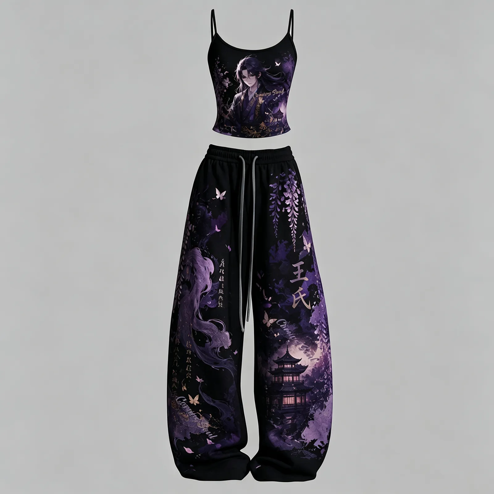 The Apothecary Diaries Jinshi Cami Crop Top and Elasticated Wide Leg Trousers Two-Piece Set, Women's Black Purple Wisteria Pagoda Anime Outfit