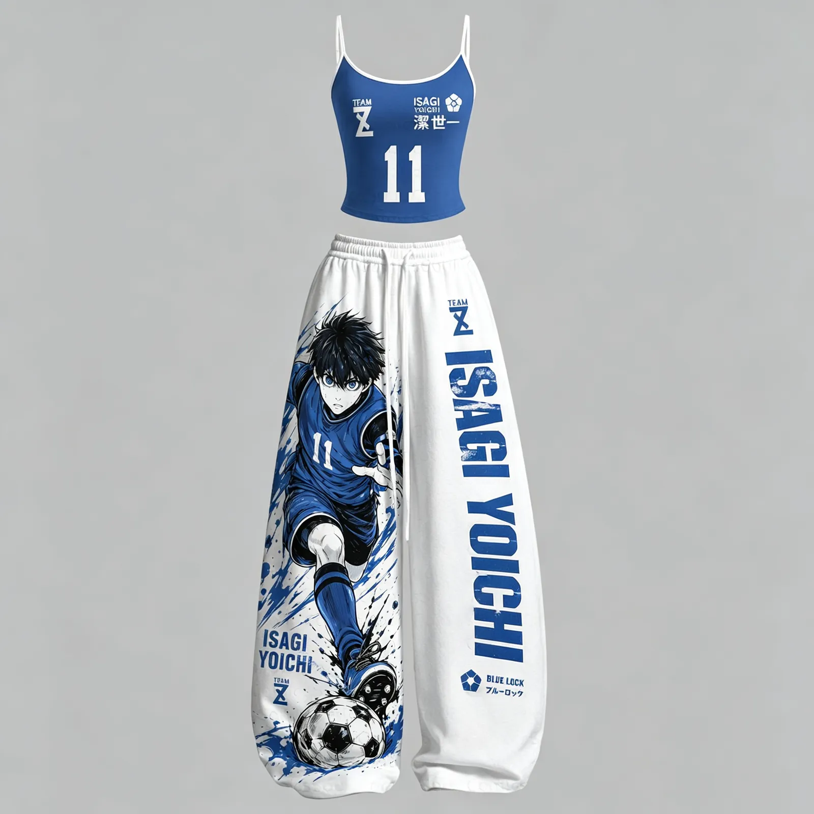 Blue Lock Isagi Yoichi Team Z Number 11 Cami Crop Top and Wide Leg Trousers Two-Piece Set, Cobalt White Soccer Anime Outfit, Women's Co-ord