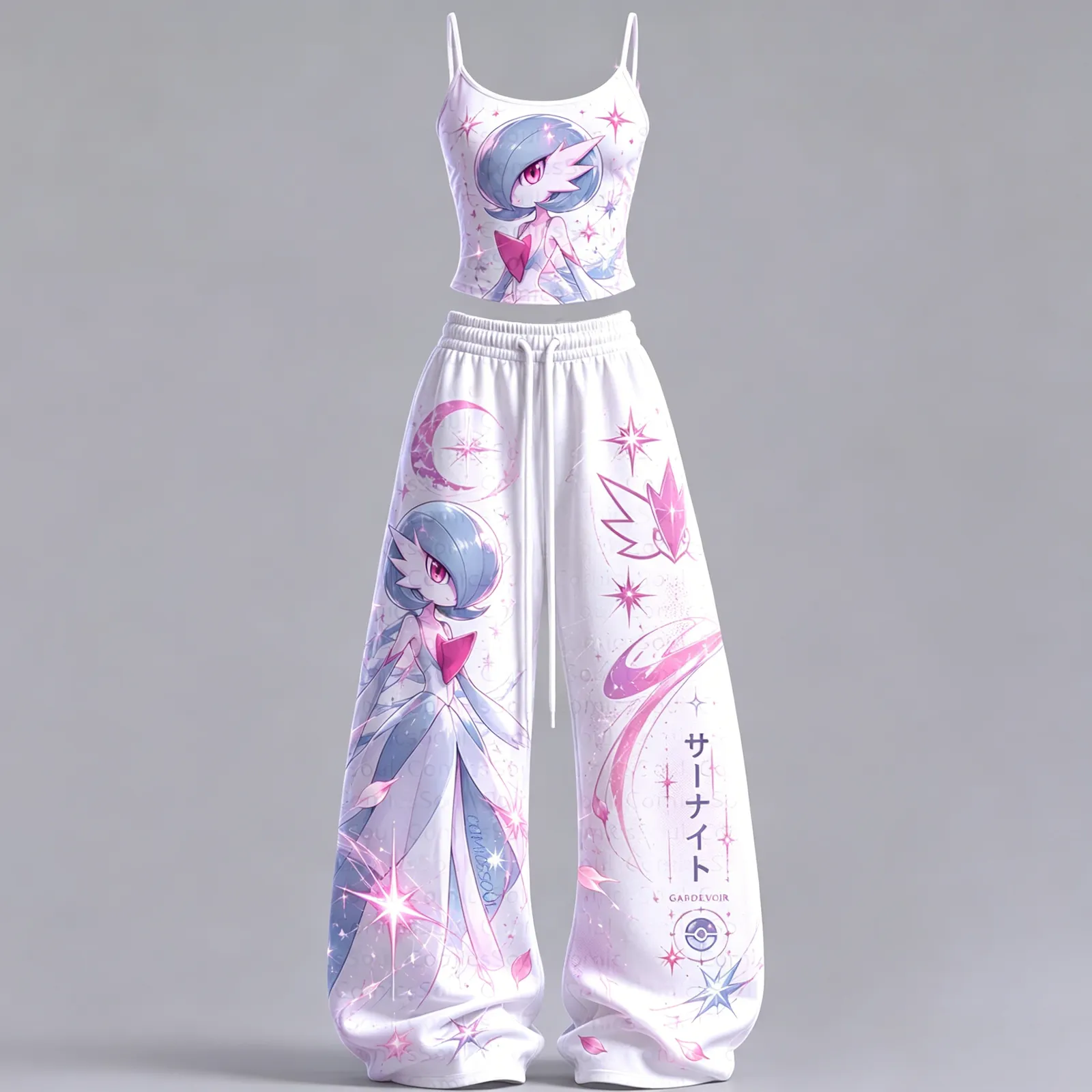 Pokémon Gardevoir Cami Crop Top and Wide Leg Trousers Two-Piece Set, Women's White and Pink Pastel Psychic Anime Lounge Outfit, Pokémon Fan Gift