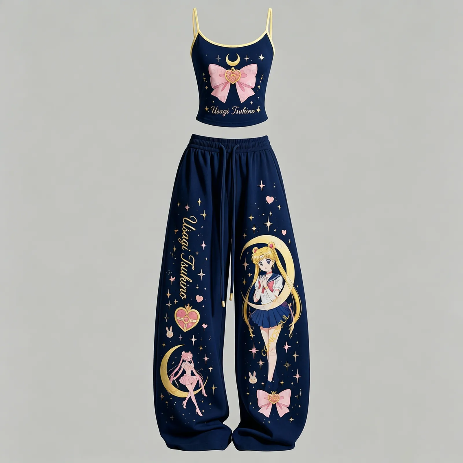 Sailor Moon Usagi Tsukino Cami Top and Elasticated Trousers Two-Piece Set, Women's Navy and Pink Bow Crescent Moon Anime Lounge Outfit