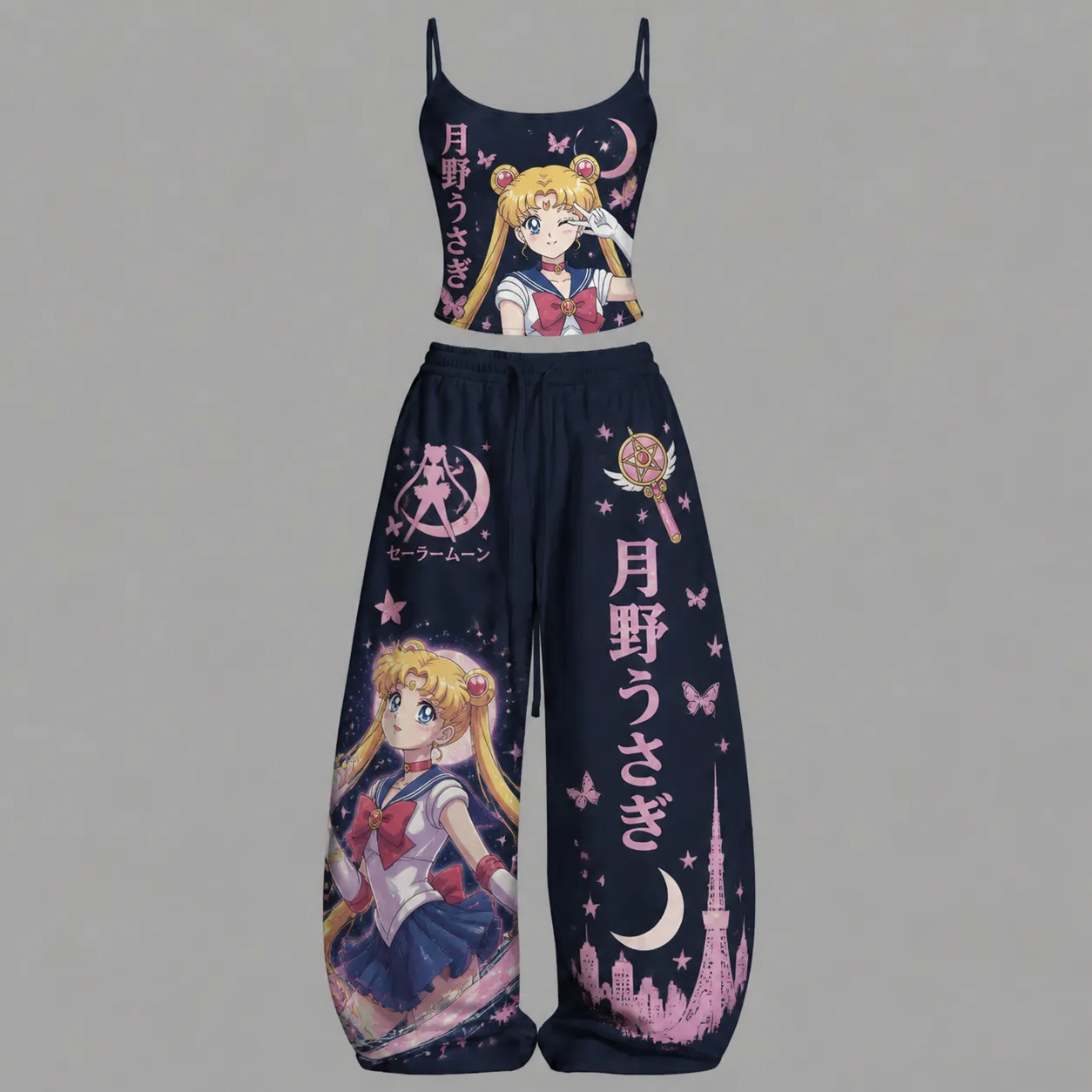 Sailor Moon Usagi Tsukino Cami Crop Top and Wide Leg Trousers Two-Piece Set, Navy Pink Crescent Anime Lounge Outfit, Women's Matching Co-ord