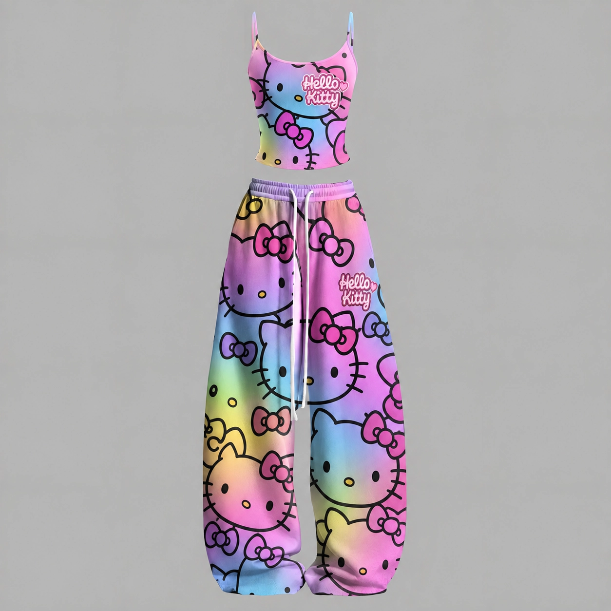 Hello Kitty Rainbow Pastel Cami Crop Top and Wide Leg Trousers Two-Piece Set, Women's Sanrio Kawaii Matching Lounge Outfit, Gift for Her