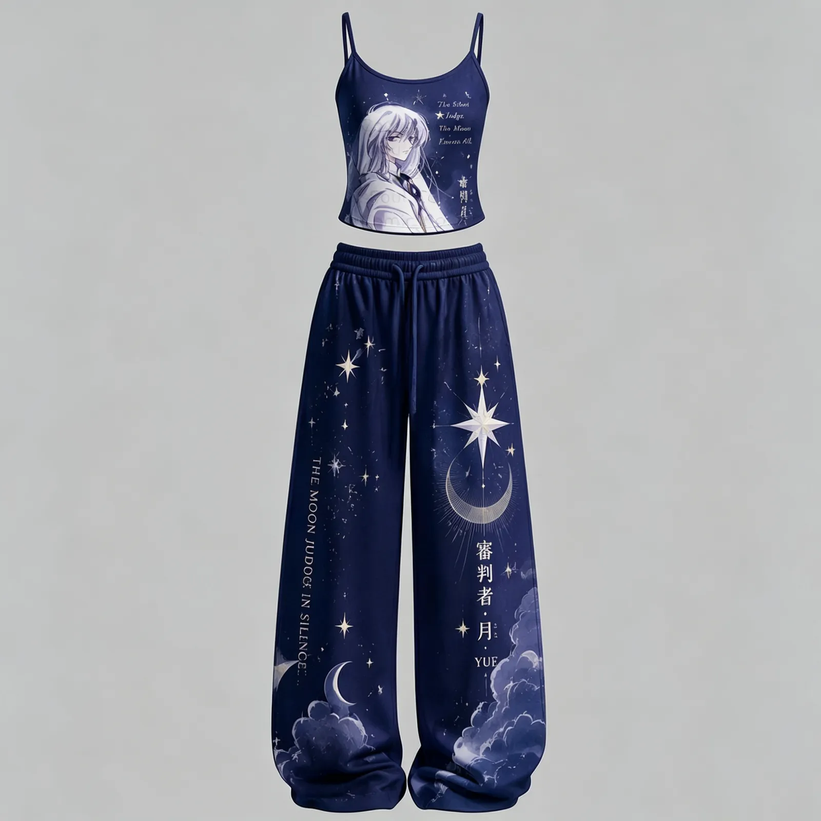 Cardcaptor Sakura Yue Moon Judge Cami Crop Top and Wide Leg Trousers Two-Piece Set, Navy Starry Night Anime Lounge Outfit, Women's Co-ord