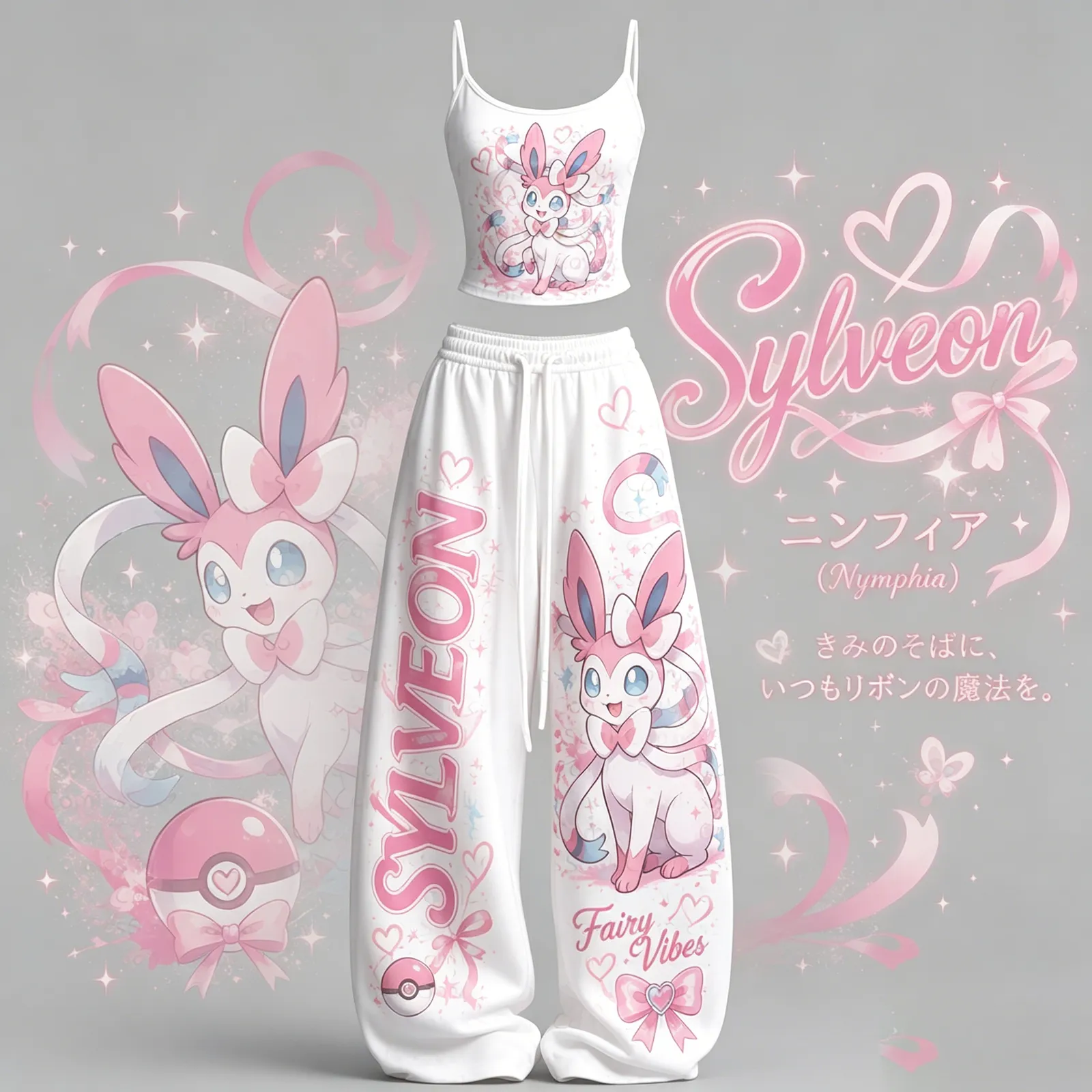 Pokémon Sylveon Pink Ribbon Cami Crop Top and Elasticated Wide Leg Trousers Two-Piece Set, Fairy Vibes Women's Matching Lounge Outfit