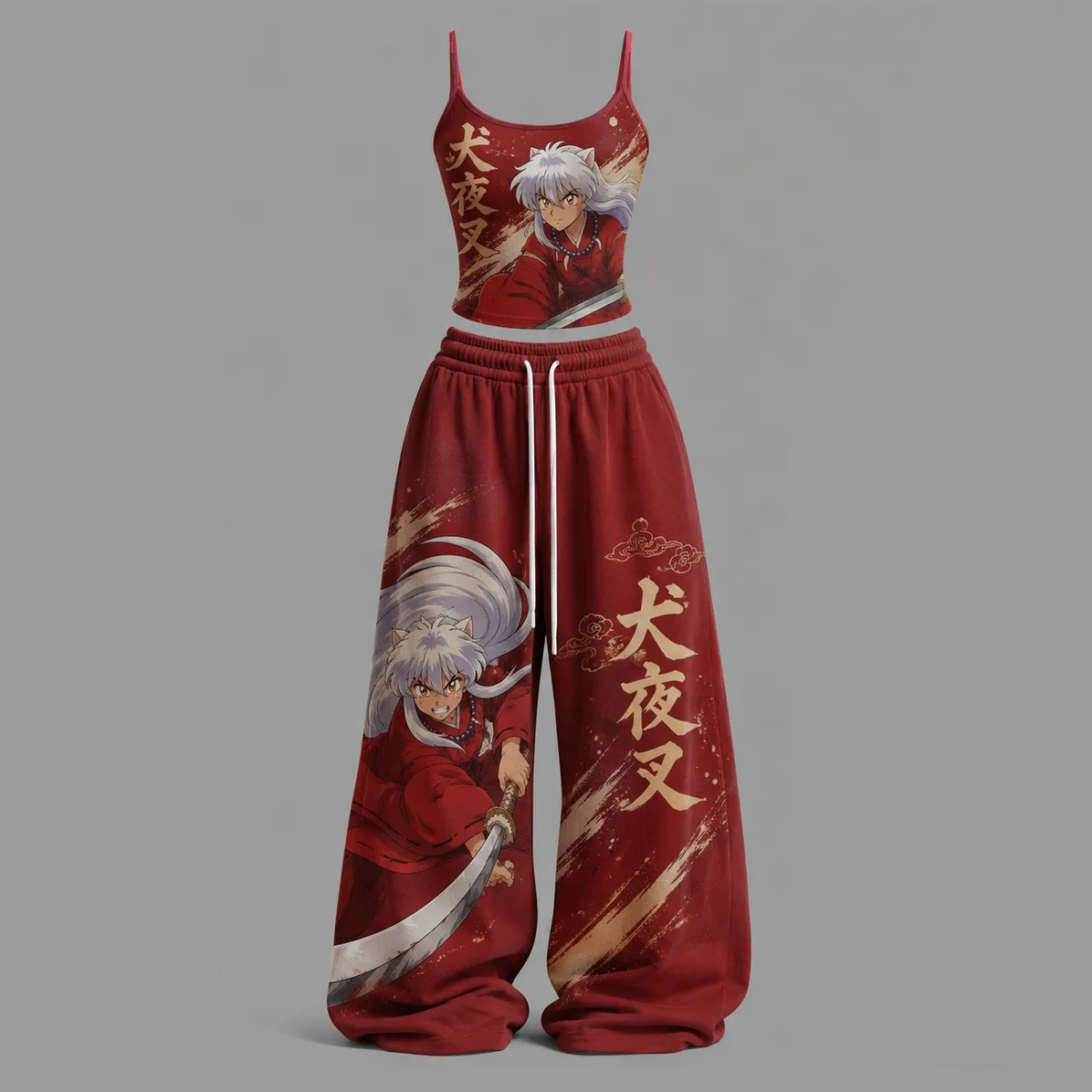 Inuyasha Cami Crop Top and Wide Leg Trousers Two-Piece Set, Women's Red Anime Lounge Outfit with Kanji Print, Half-Demon Fan Gift