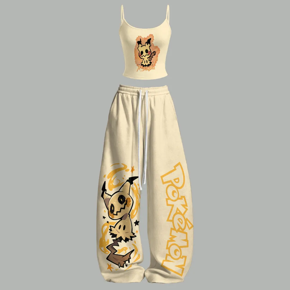 Pokemon Mimikyu Watercolor Cami Top and Elasticated Trousers Two-Piece Set, Women's Cream and Orange Anime Lounge Outfit, Pokémon Matching Set