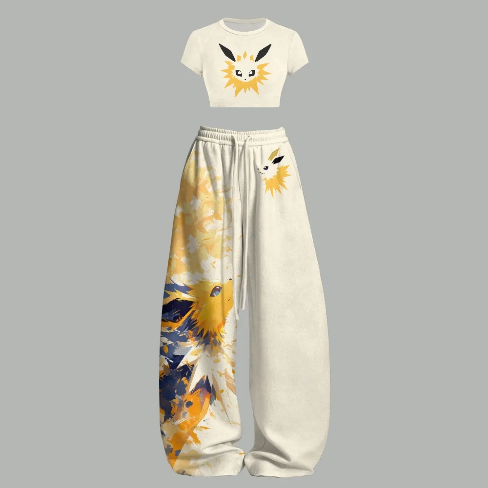 Pokémon Jolteon Women Crop Tee and Wide Leg Trousers Two-Piece Set, Cream and Yellow Anime Lounge Outfit, Electric Eevee Evolution Matching Set