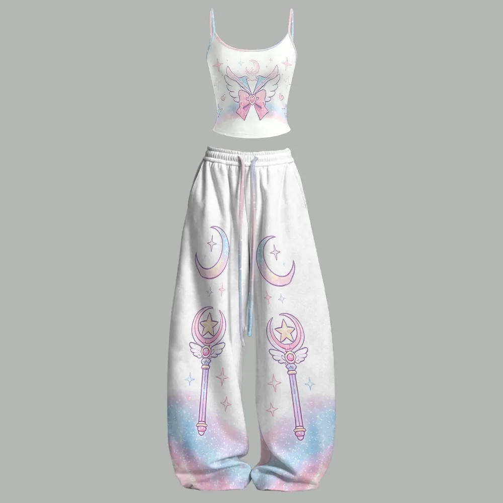 Sailor Moon Crescent Wand Pastel Wings Cami Crop Top and Wide Leg Trousers Two-Piece Set, White Pink Blue Magical Girl Lounge Outfit for Women