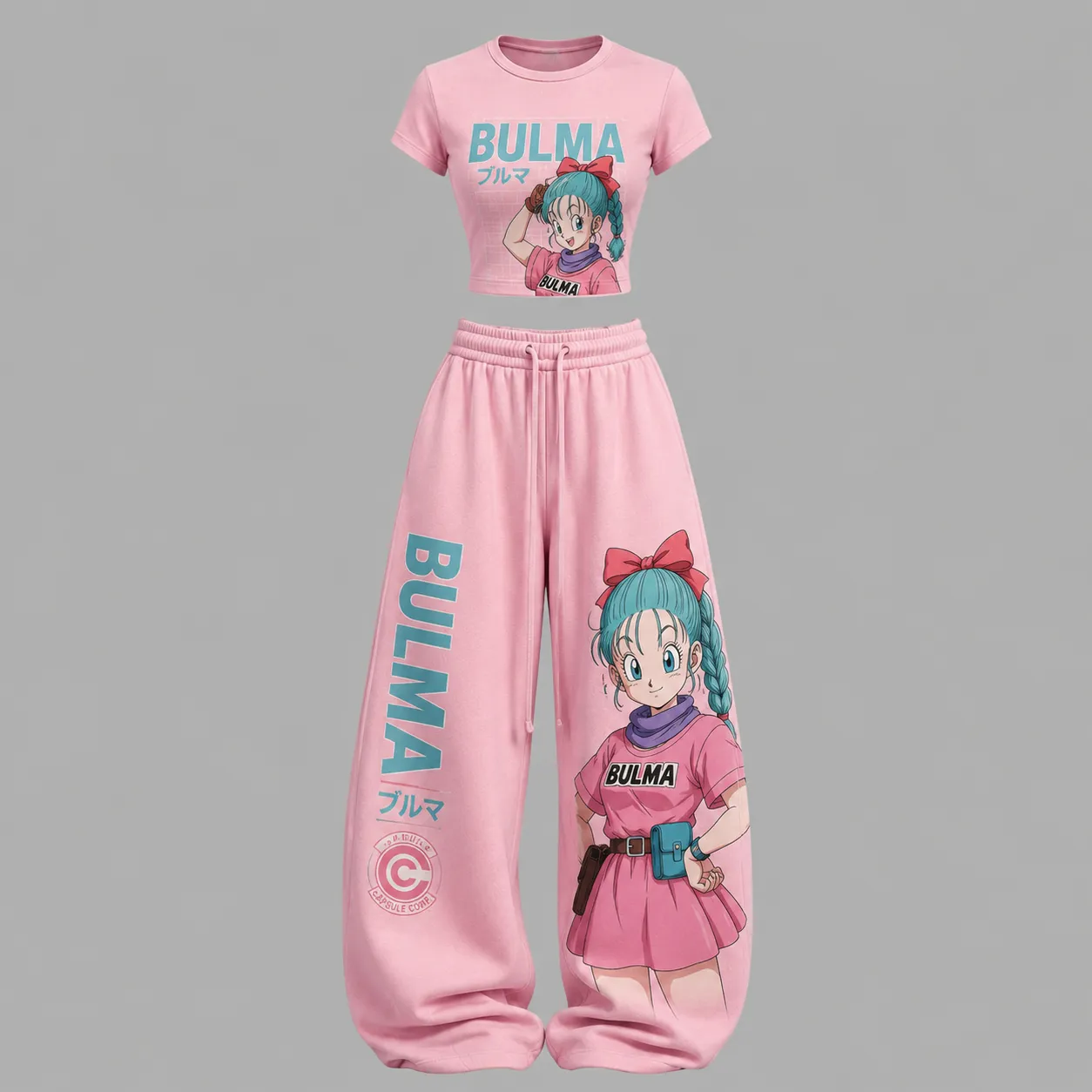 Dragon Ball Bulma Crop Tee and Wide Leg Trousers Two-Piece Set, Women's Pink Anime Lounge Outfit, Capsule Corp Retro Matching Set for Fans