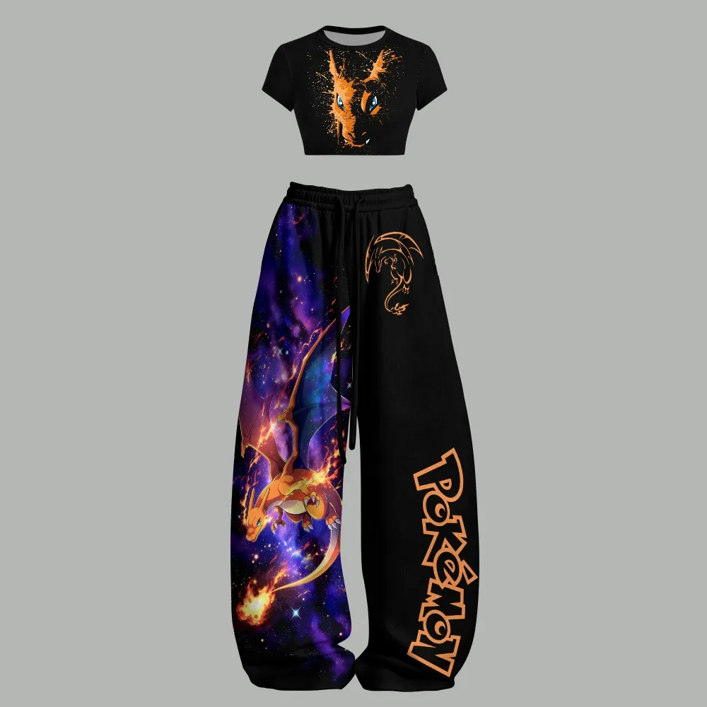 Pokémon Charizard Women Crop Tee and Wide Leg Trousers Two-Piece Set, Black Galaxy Anime Lounge Outfit, Fire Dragon Paint Splash Matching Set
