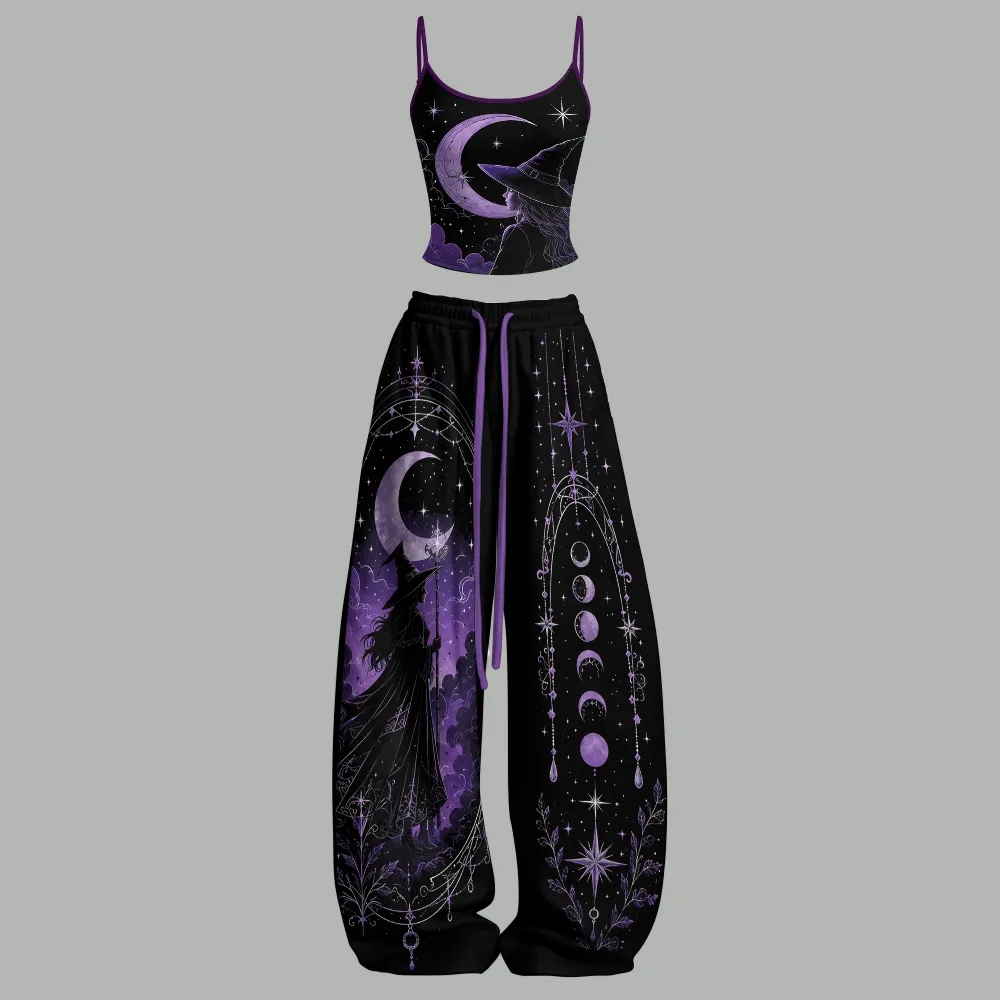 Magic Witch Crescent Moon Cami Crop Top and Wide Leg Trousers Two-Piece Set, Women's Black Purple Celestial Lounge Outfit, Lunar Phases Gift