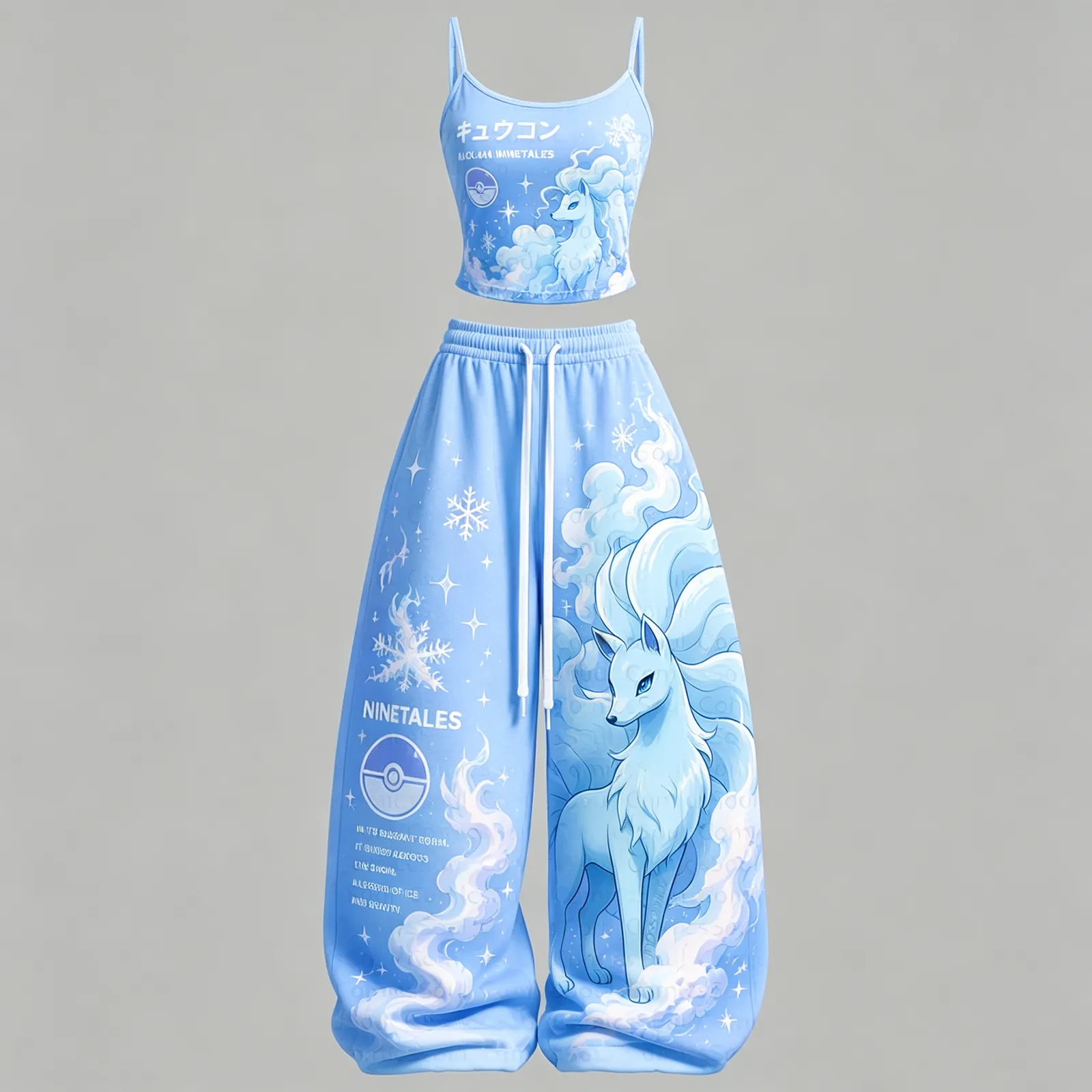 Pokémon Alolan Ninetales Cami Crop Top and Wide Leg Trousers Two-Piece Set, Women's Icy Blue Snowflake Lounge Outfit, Anime Matching Set