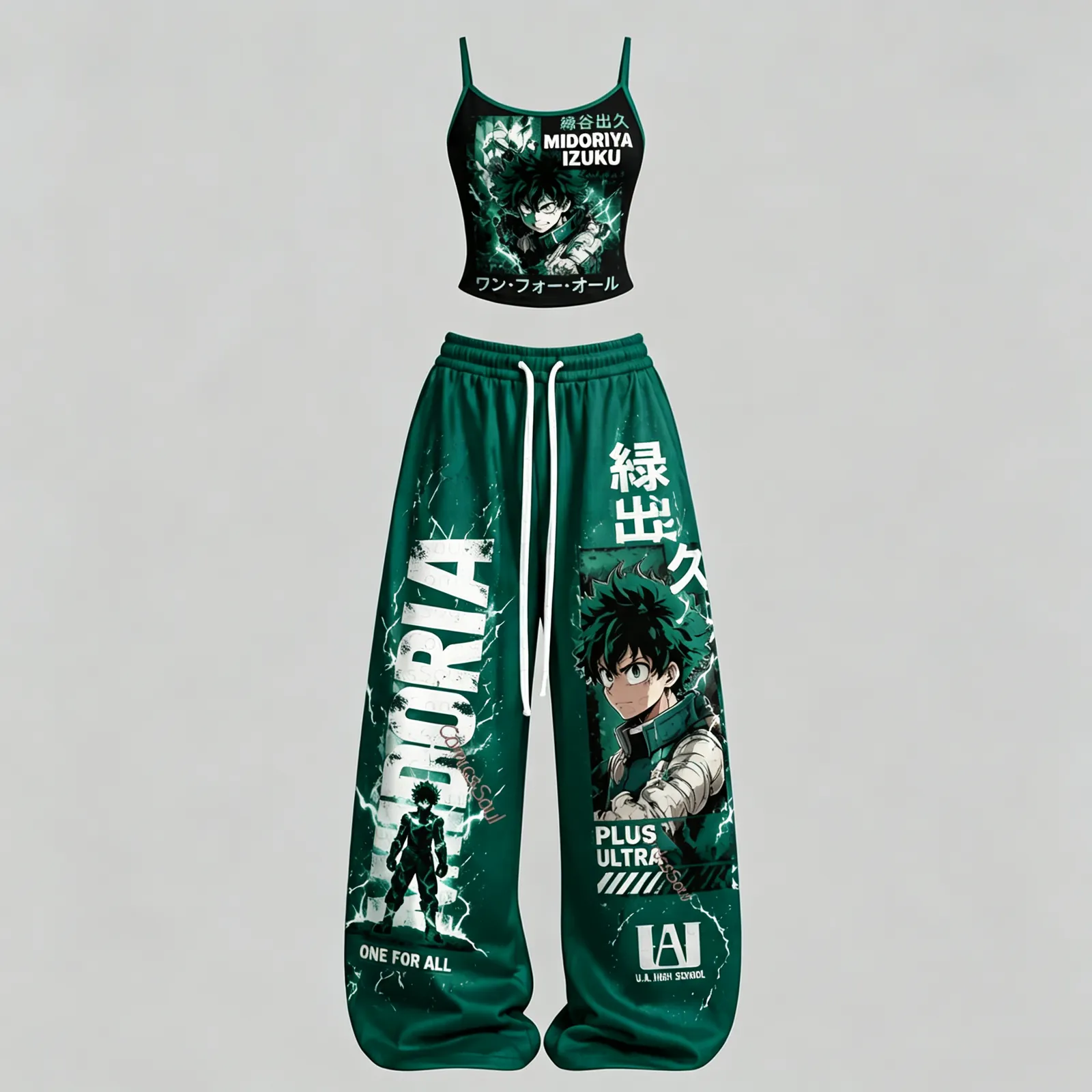 My Hero Academia Midoriya Izuku Cami Crop Top and Wide Leg Trousers Two-Piece Set, Women's Green Black Anime Lounge Outfit, Deku One For All