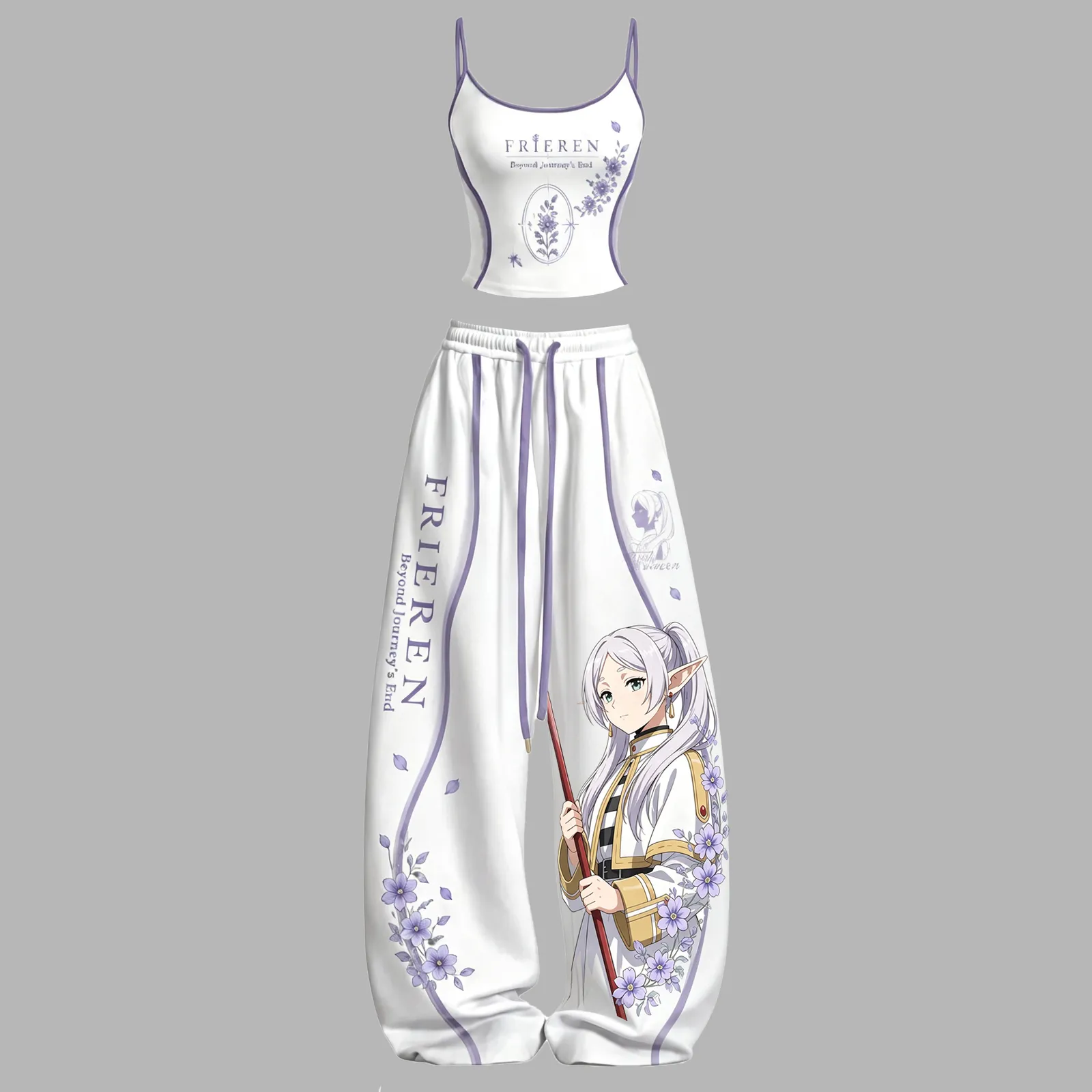 Frieren Beyond Journey's End Cami Crop Top and Wide Leg Trousers Two-Piece Set, White Lavender Floral Elf Mage Anime Lounge Outfit for Women