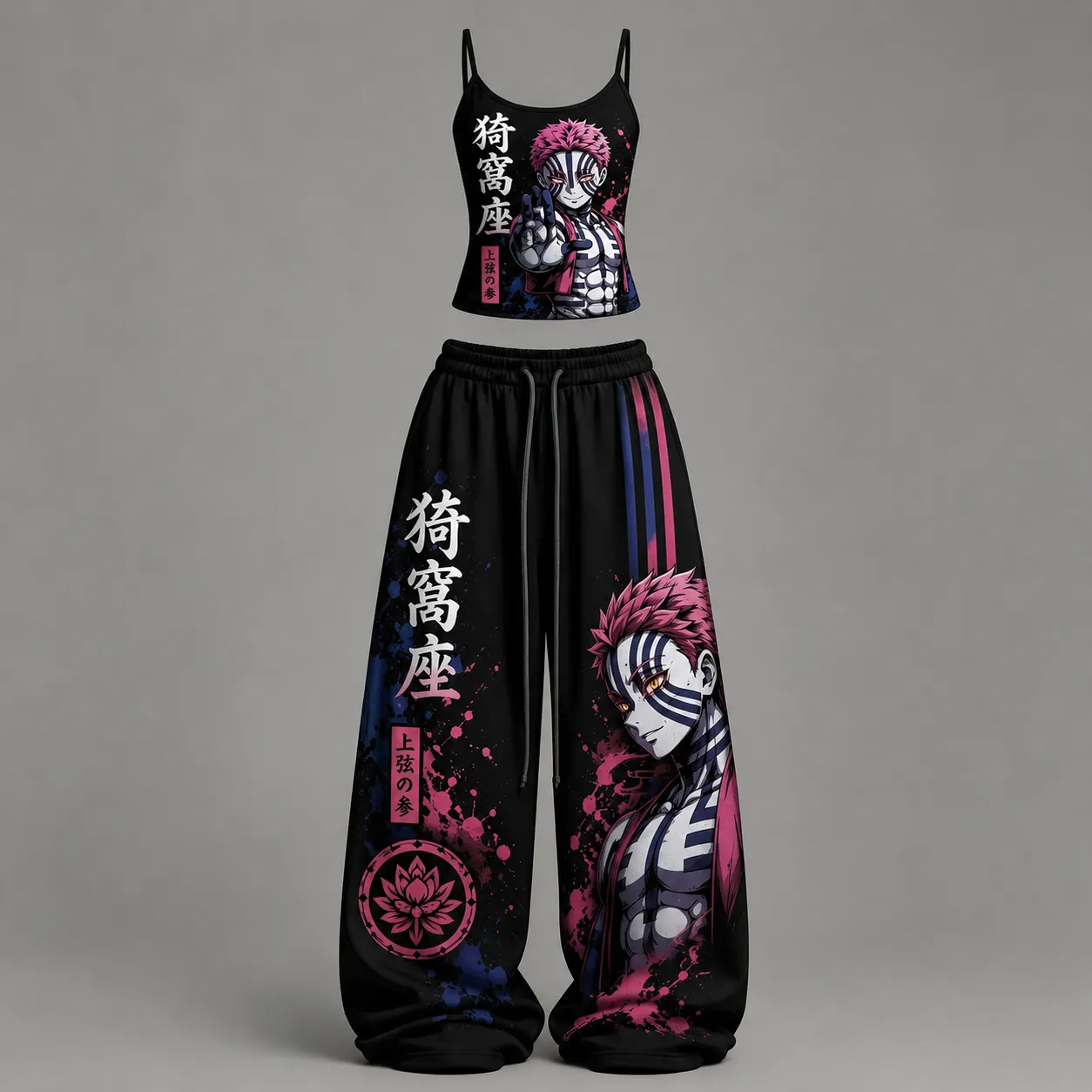 Demon Slayer Akaza Cami Crop Top and Wide Leg Trousers Two-Piece Set, Black Pink and Navy Splatter Upper Moon Print, Women's Anime Outfit