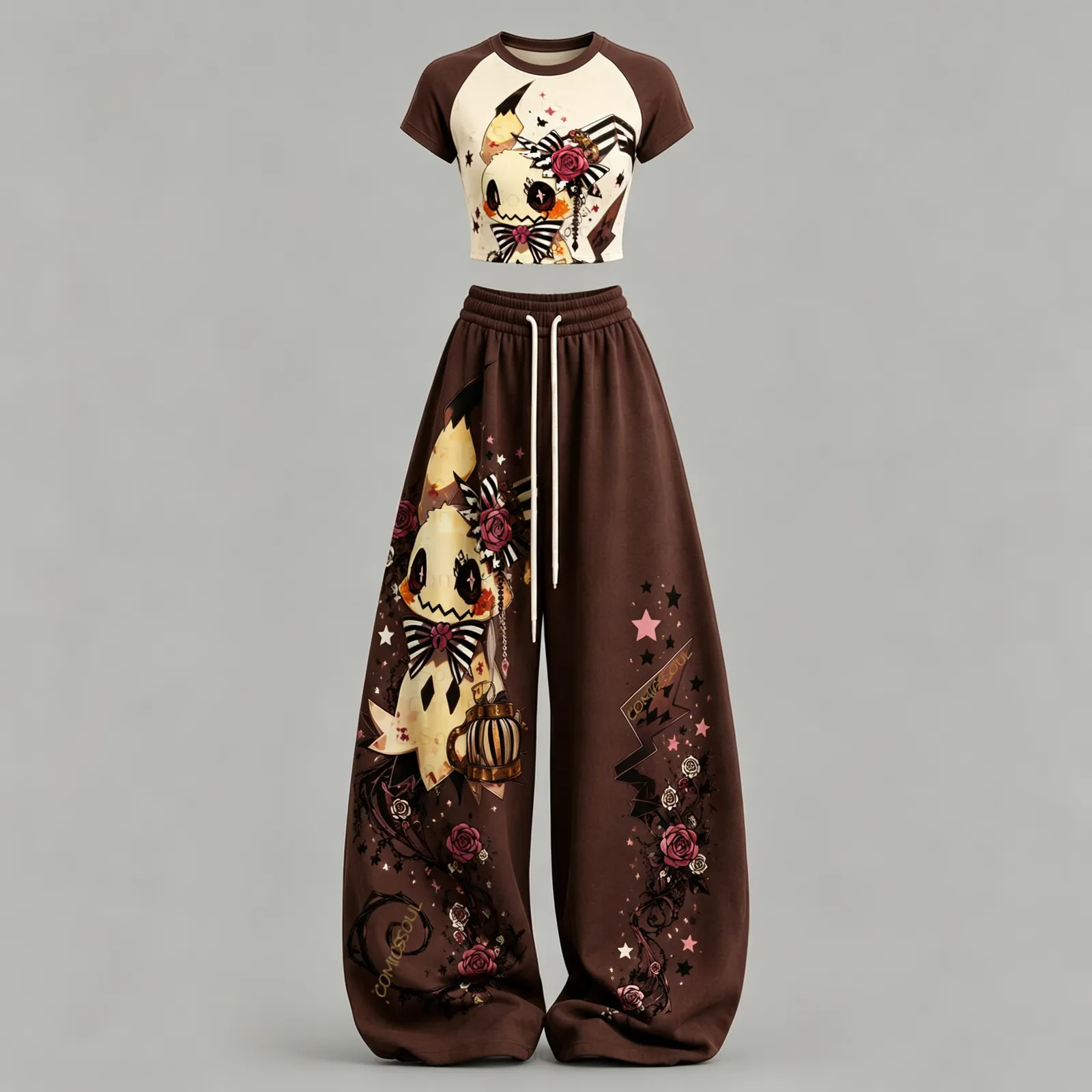 Pokémon Mimikyu Crop Tee and Wide Leg Trousers Two-Piece Set, Women's Brown Gothic Rose Lounge Outfit, Cute Spooky Anime Matching Set